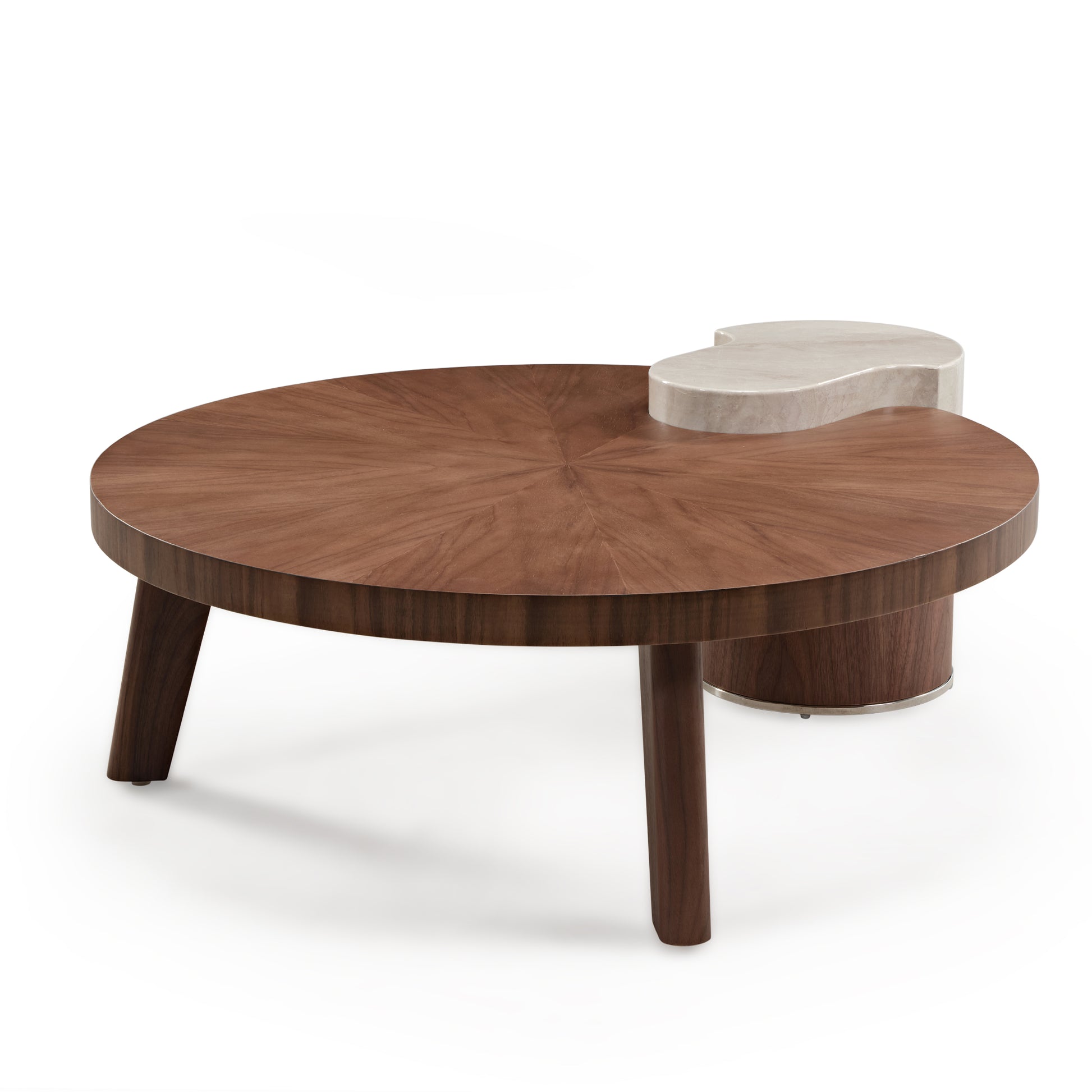 41 Irregular Round Walnut Coffee Table With Marble Accent - Modern Design.