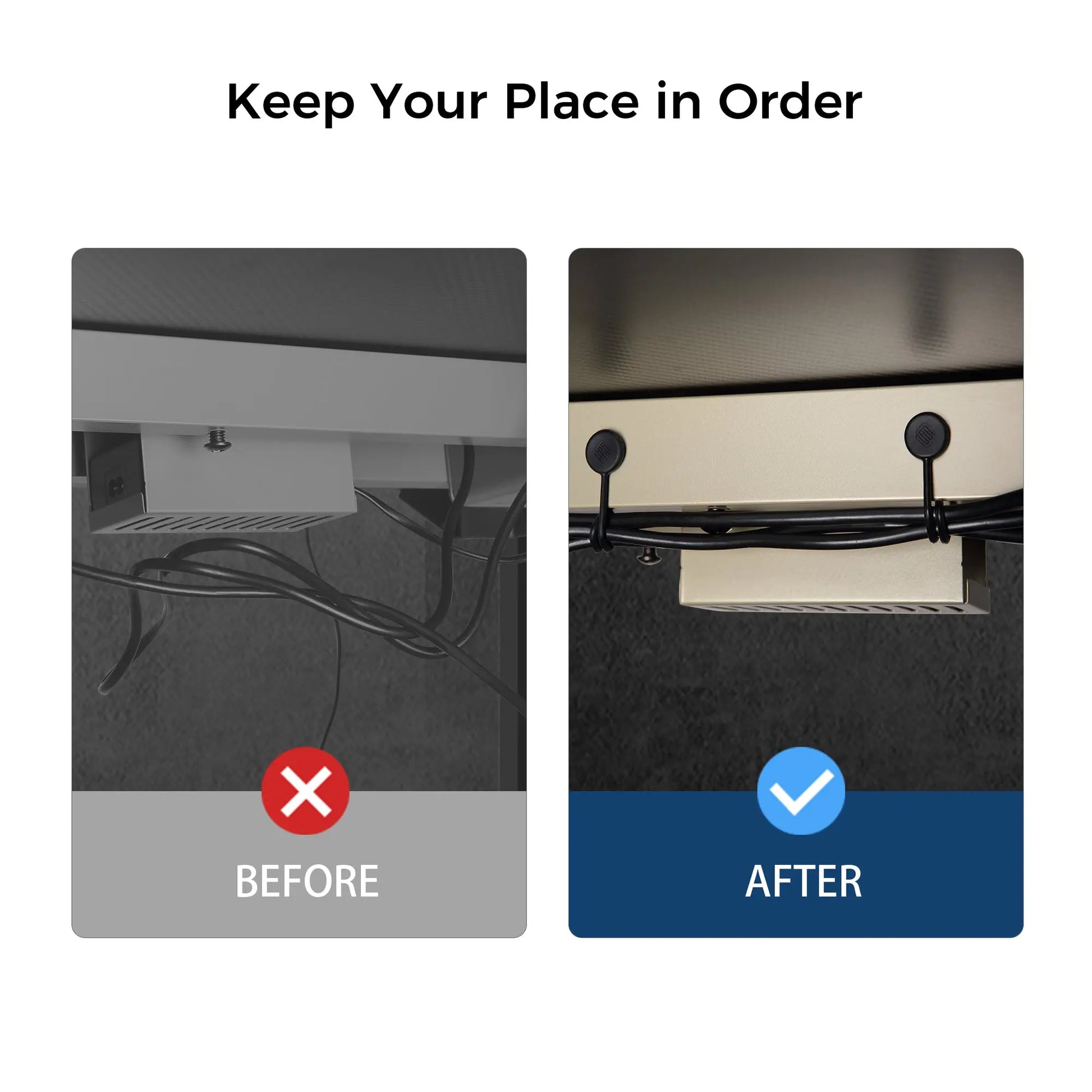 Eureka Ergonomic Magnetic Cable Ties: Cable Organization Comparison, Before and After, Keep Your Place in Order.