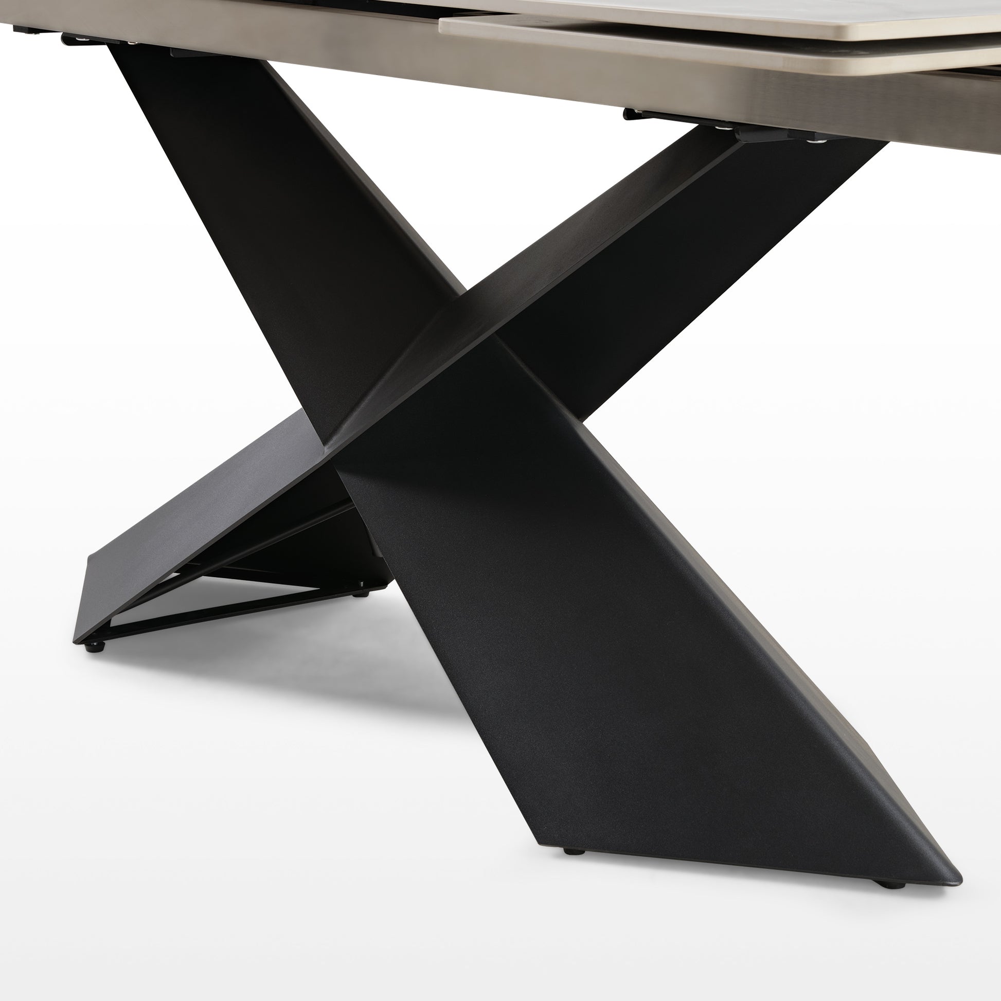 Evelyn Extendable Dining Table, Black X-Shaped Legs, Modern Dining Table Detail.