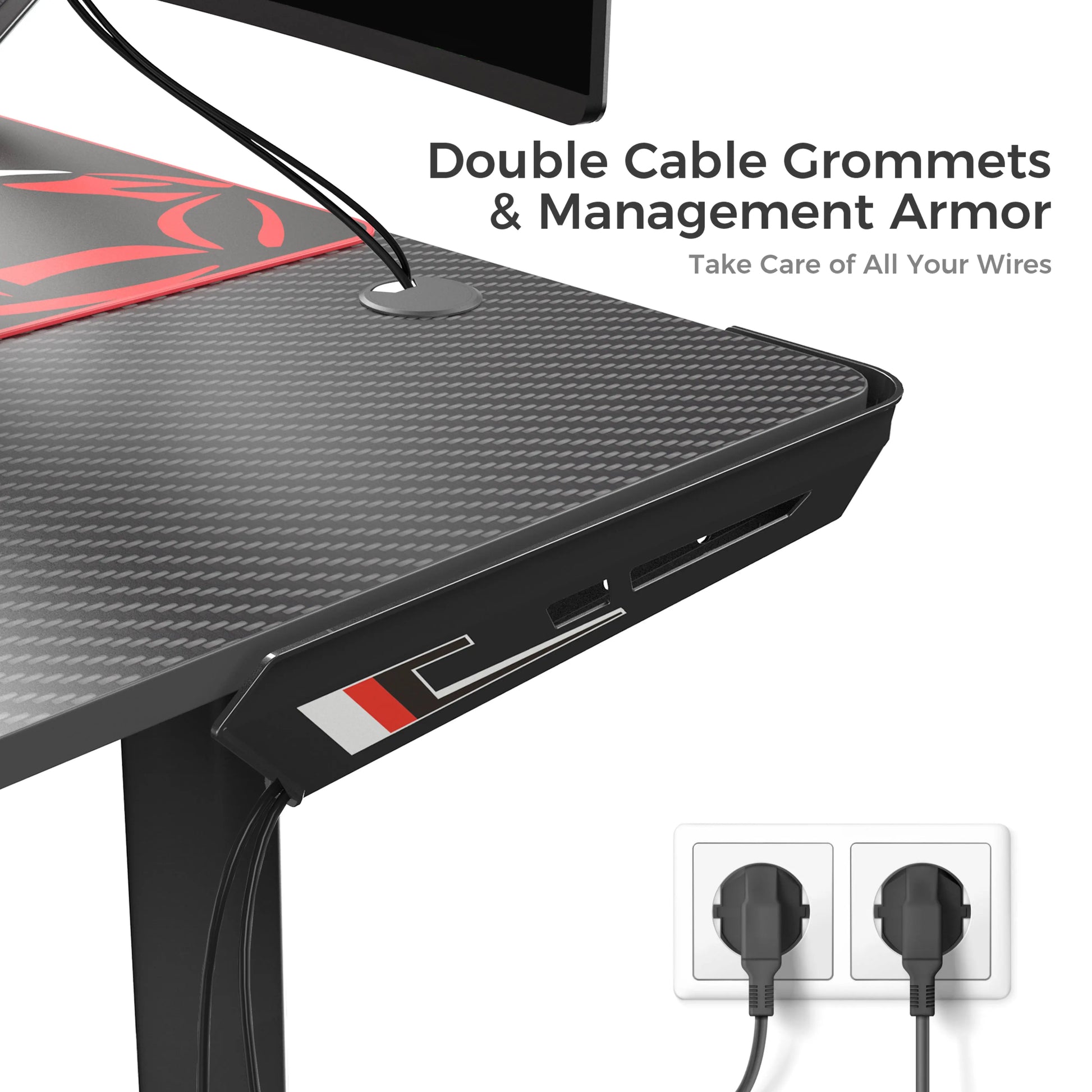L-Shaped Gaming Desk Cable Management With Double Grommets and Outlet.