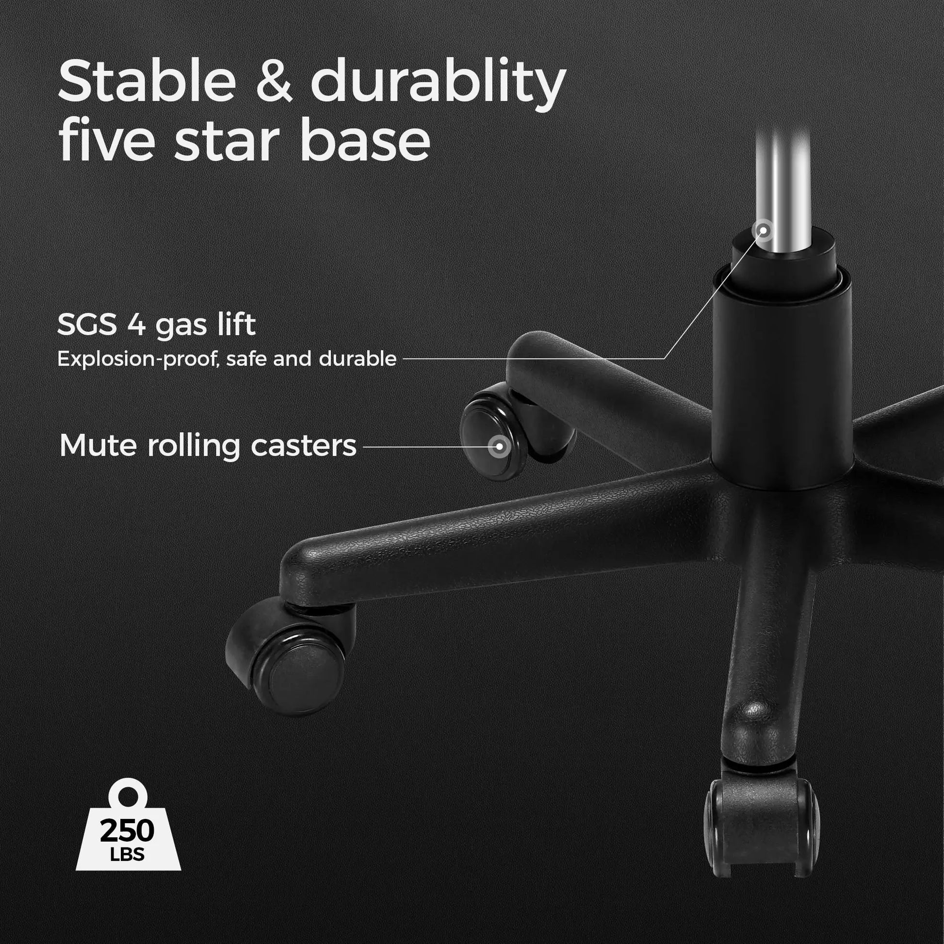 Durable Black Footstool Base With Five-Star Design, Mute Casters and Sgs 4 Gas Lift for Ergonomic Comfort.