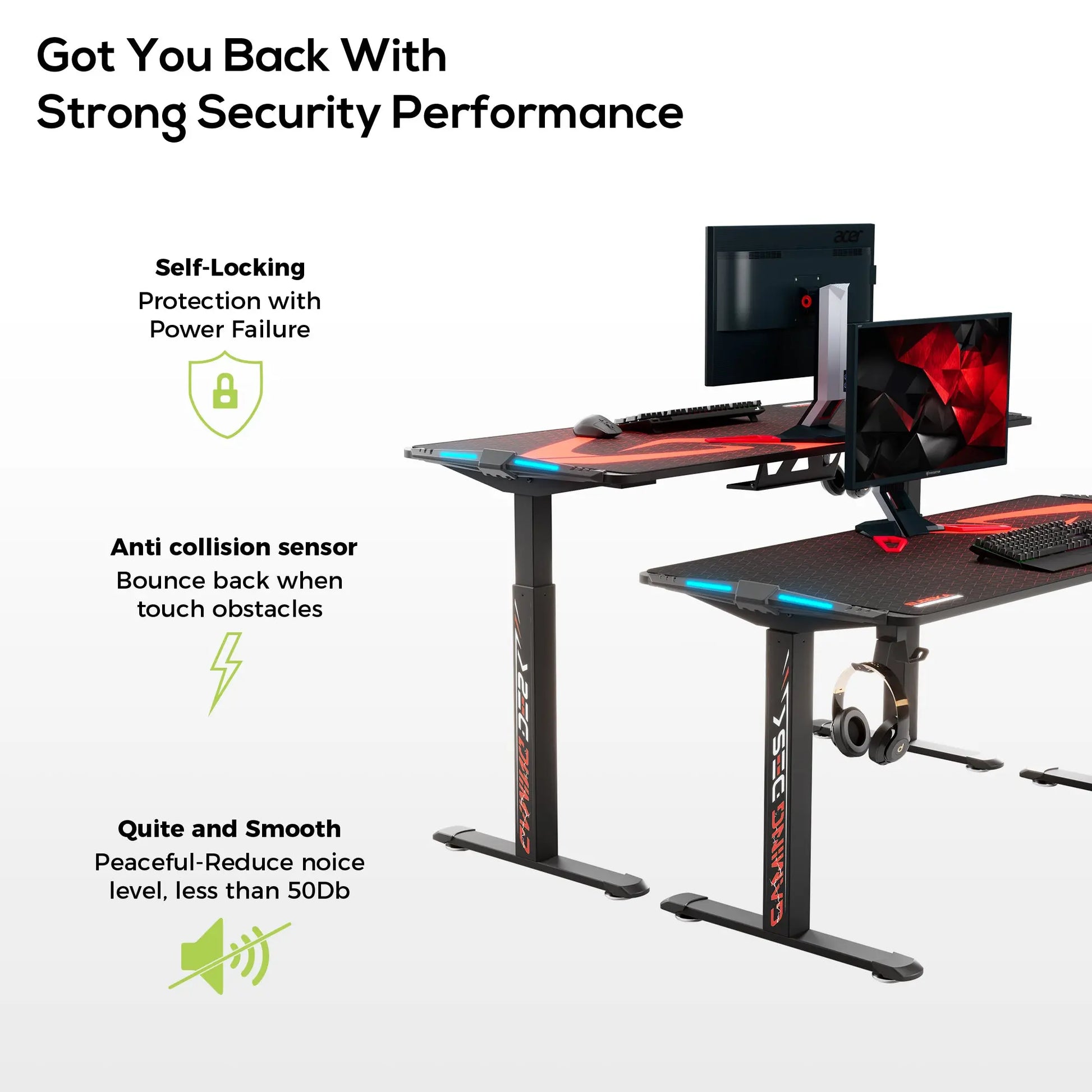 Eureka Ergonomic Gaming Desk With Security Features, Black, Red Accents, and Rgb Lighting, With Adjustable Height.
