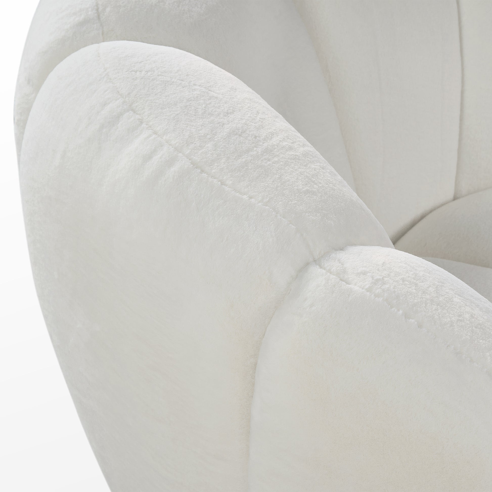 White Adele Swivel Chair Detail, Showing Soft Fabric and Curved Backrest for Modern Living Spaces.