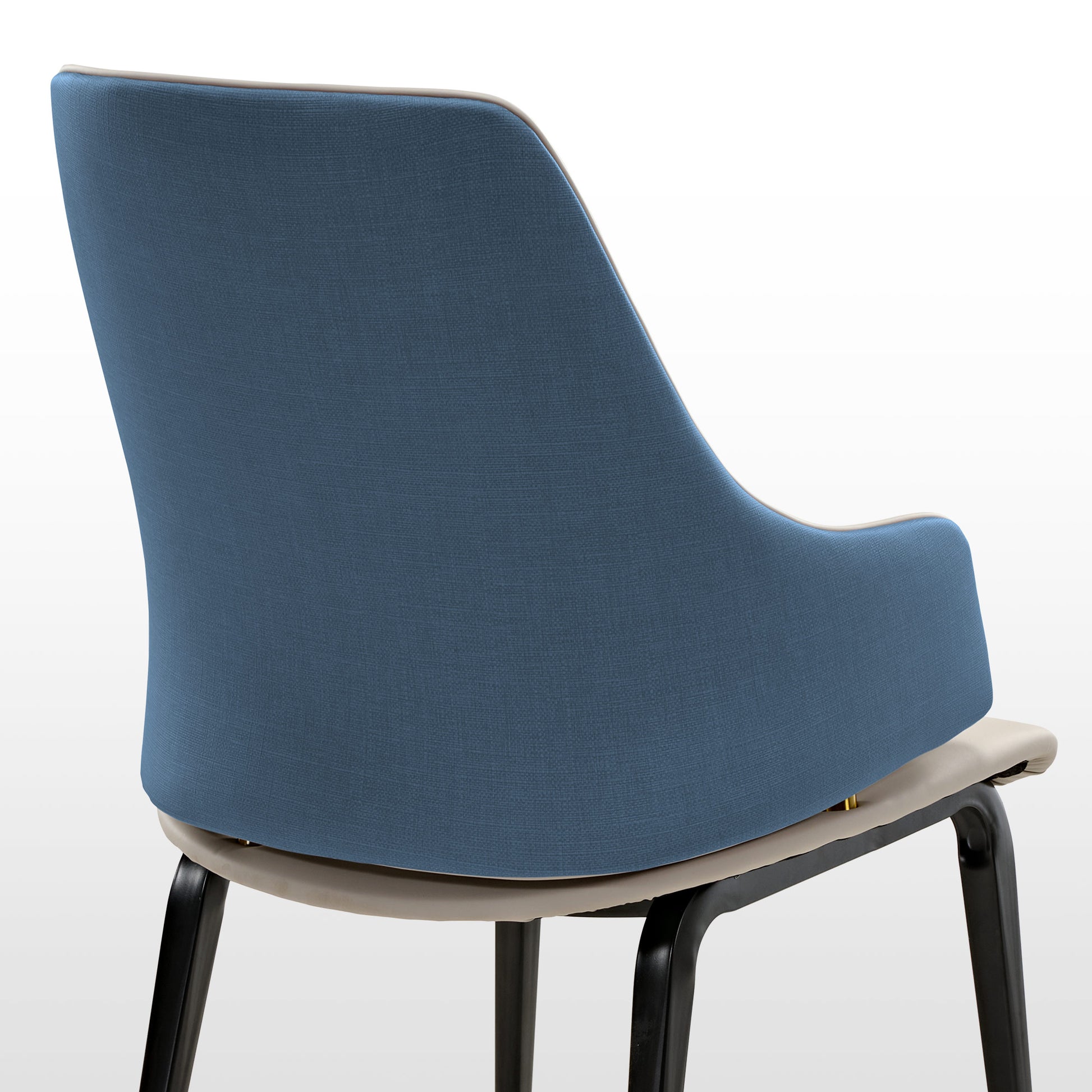 Juliet Dining Armchair, Brown/Blue, Modern Dining Chair, Blue Fabric Backrest, Beige Trim, Black Legs. Dining Room Furniture.