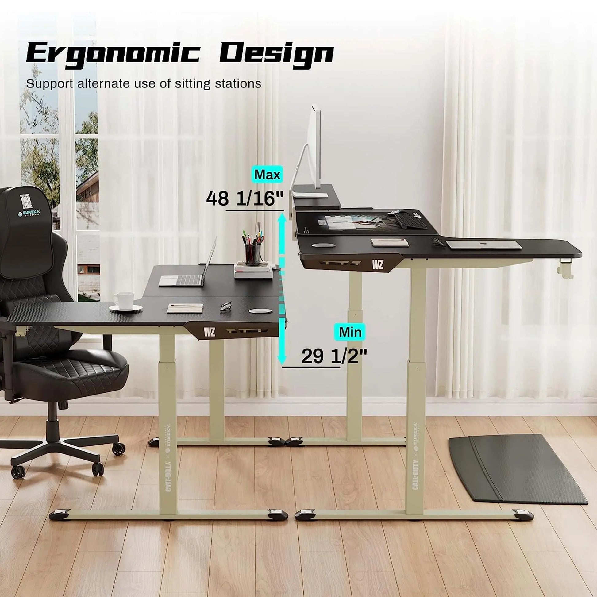 Eureka Ergonomic Call of Duty co-branded gaming standing desk with adjustable height shown with monitor, laptop, and chair.