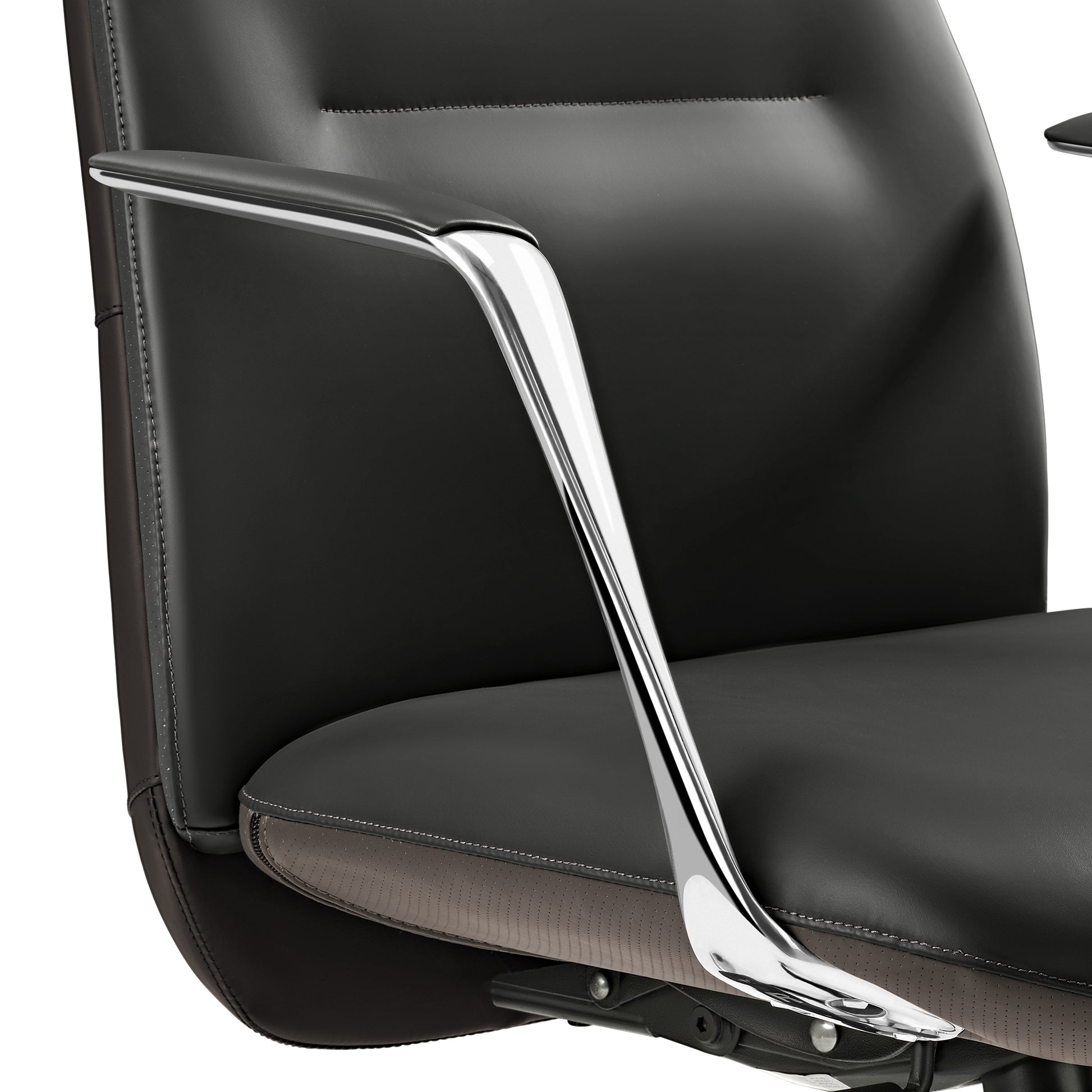 Eureka Ergonomic Royal Slim executive chair: chrome armrest, black leather seat with grey perforated accent and stitching.