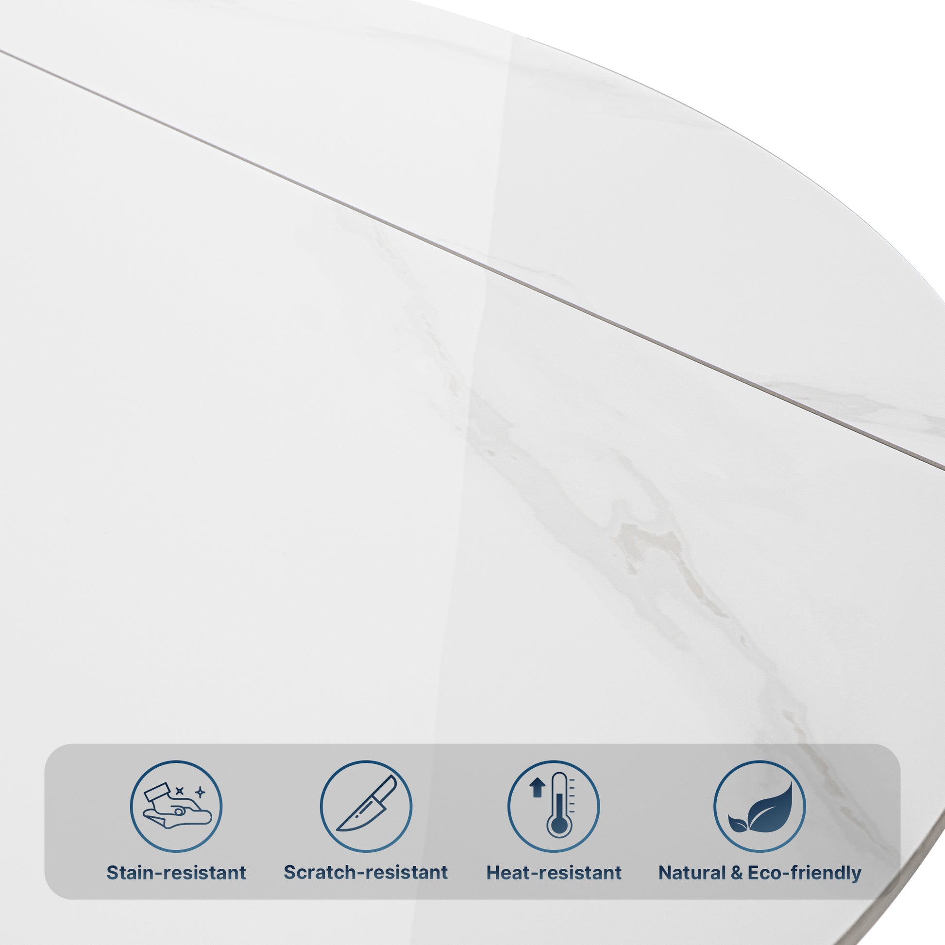 Amelia Round Extending Dining Table, White Granite Top, Stain-Resistant, Scratch-Resistant, Heat-Resistant, Eco-Friendly.