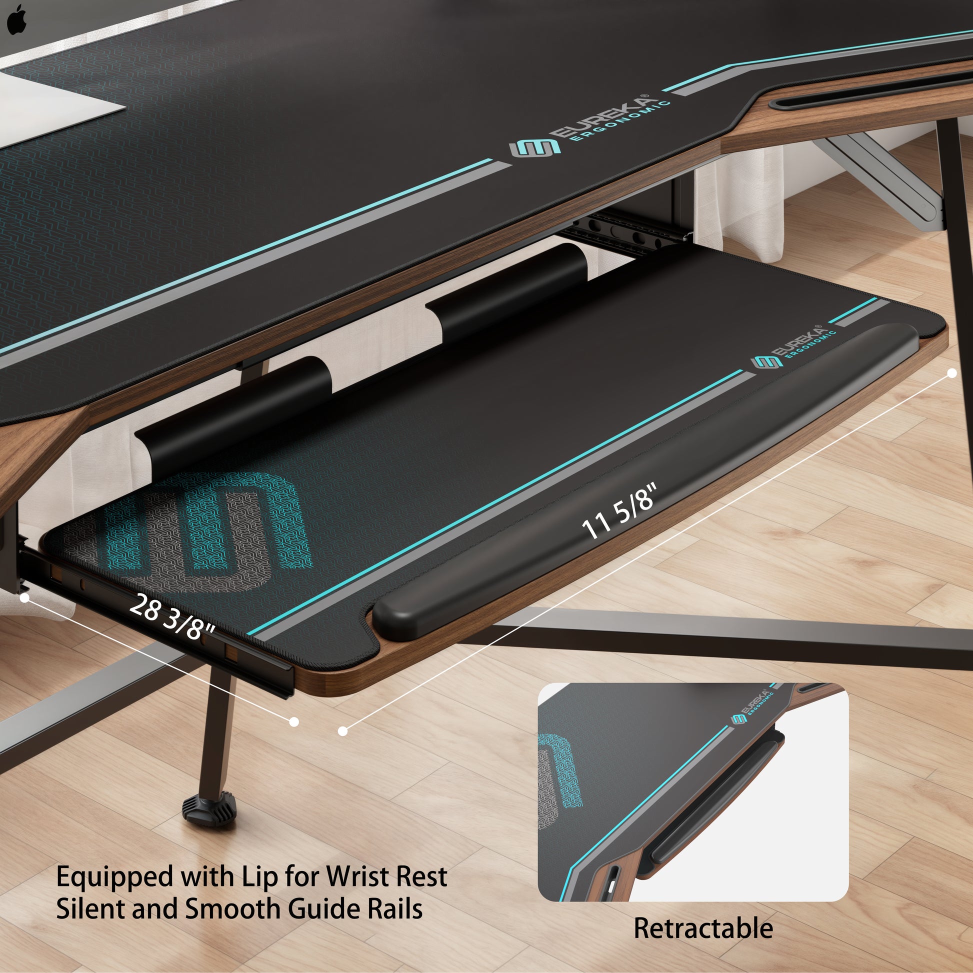 Eureka Ergonomic Aero Wing Desk Retractable Keyboard Tray With Wrist Rest and Guide Rails, Ergonomic Gaming Desk.