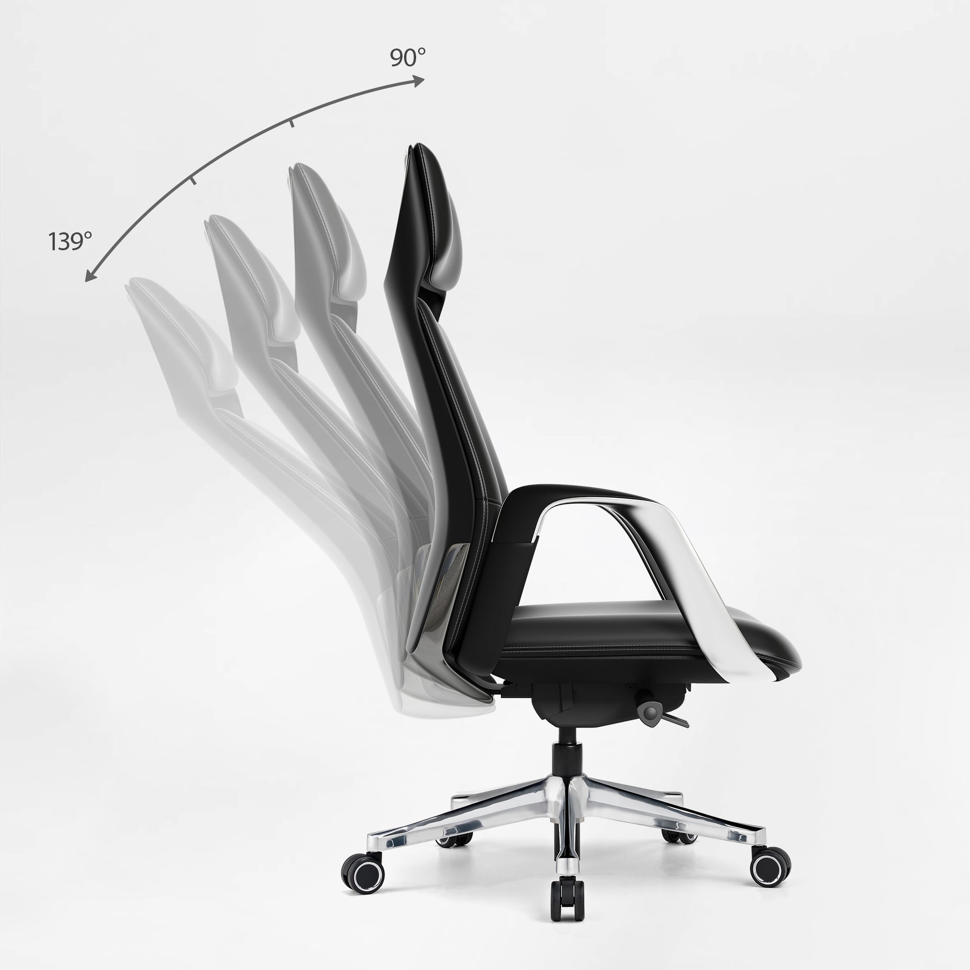 Eureka Ergonomic Serene black Napa leather executive office chair recline range from 90 to 139 degrees on white background.