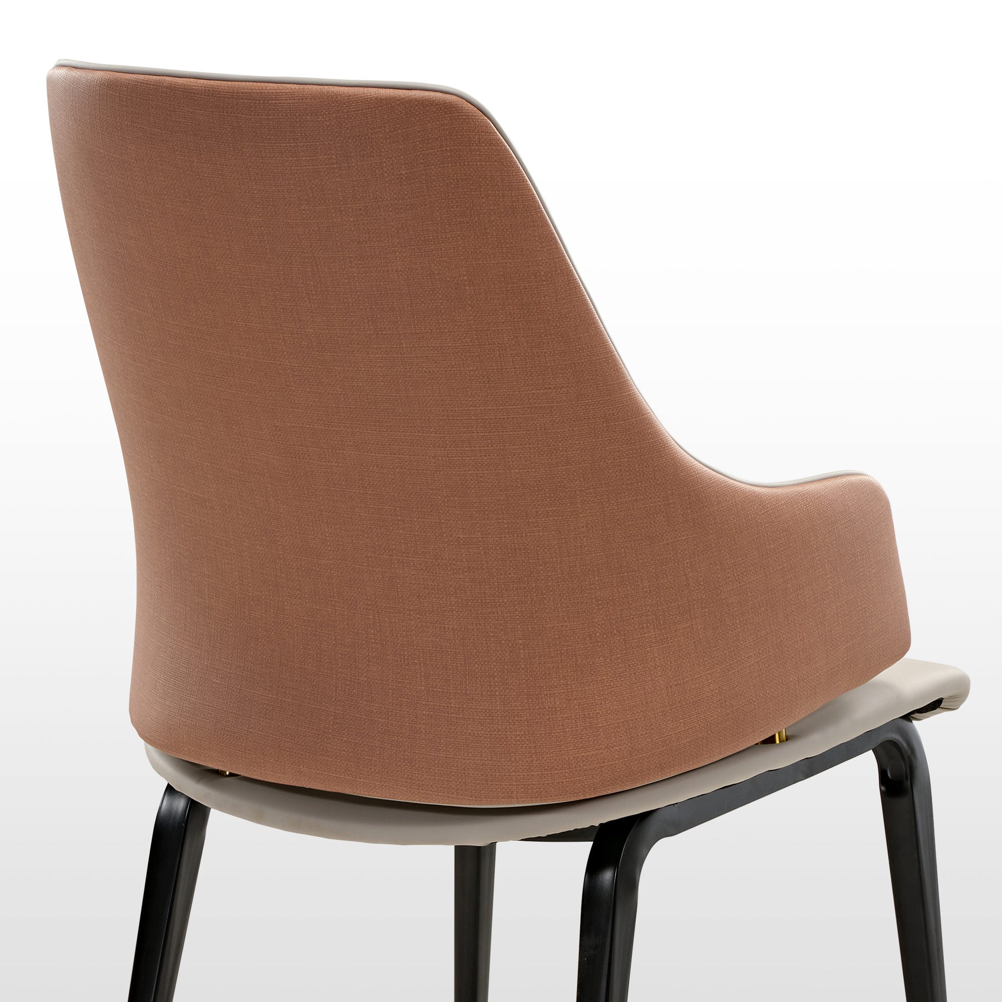 Juliet Dining Armchair Back Detail, Brown and Blue Upholstery, Black Legs, Modern Dining Room Chairs.