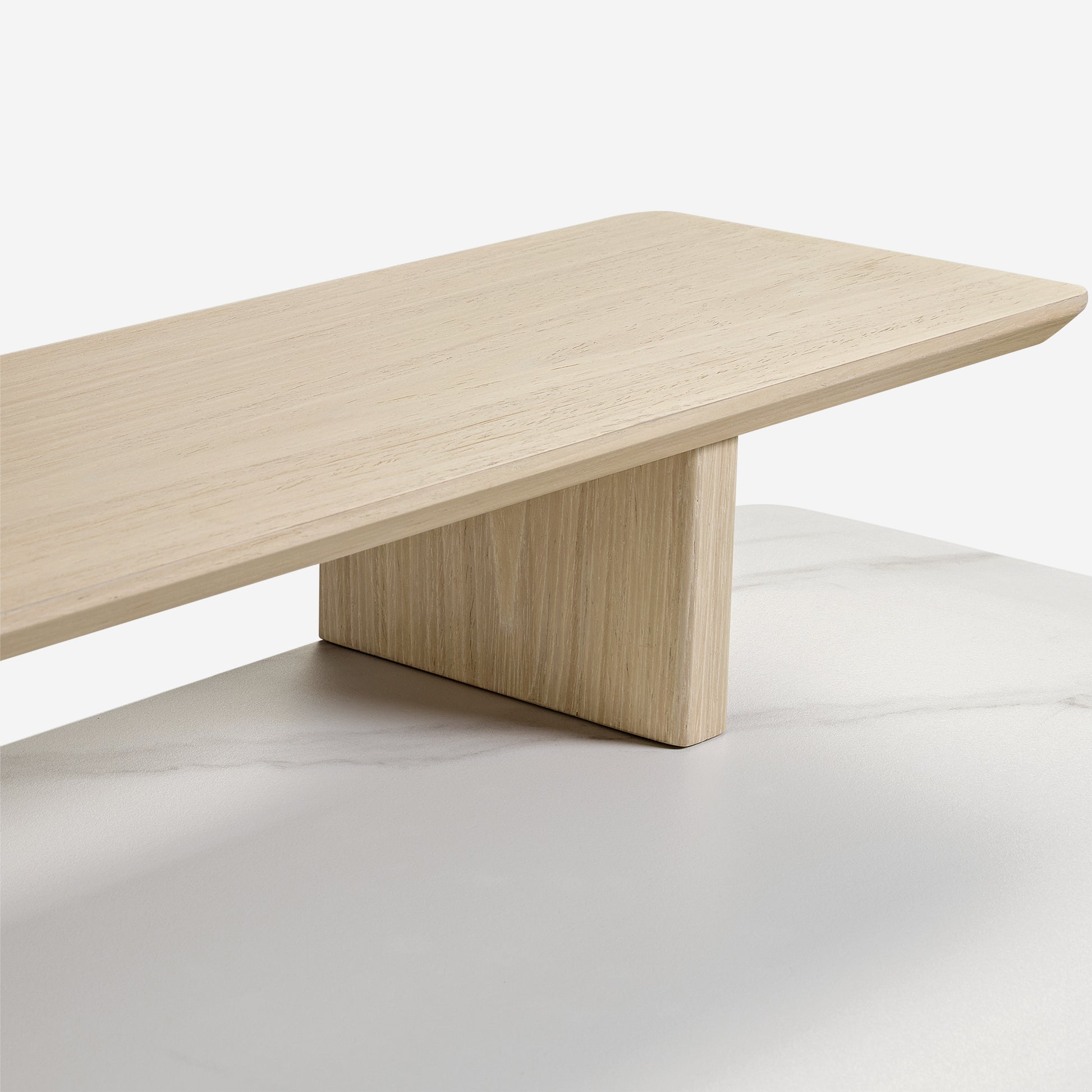 Eureka Ergonomic Ark Pro L-Shaped Desk Detail With Wood Support and White Sintered Stone Top, Luxury Desk Design.