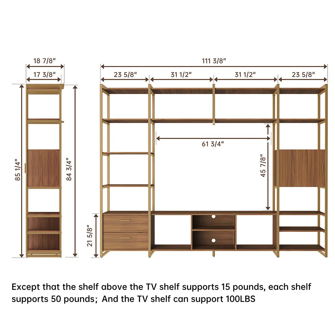 Sonoma Modern Tv Stand Dimensions With Shelves and Storage Cabinet, Supports Up to 100Lbs, Wood & Gold Accents.