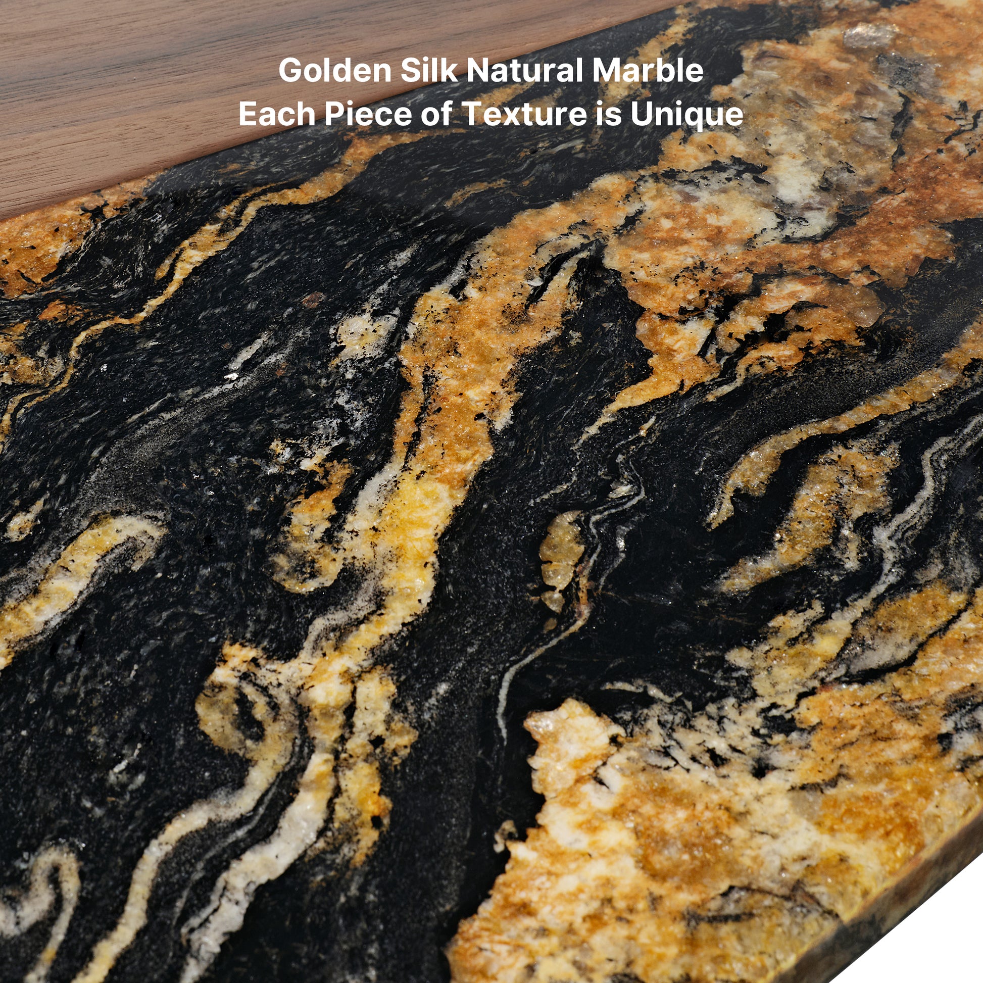 Golden Silk Natural Marble Desk Top Detail With Unique Veining and Texture.
