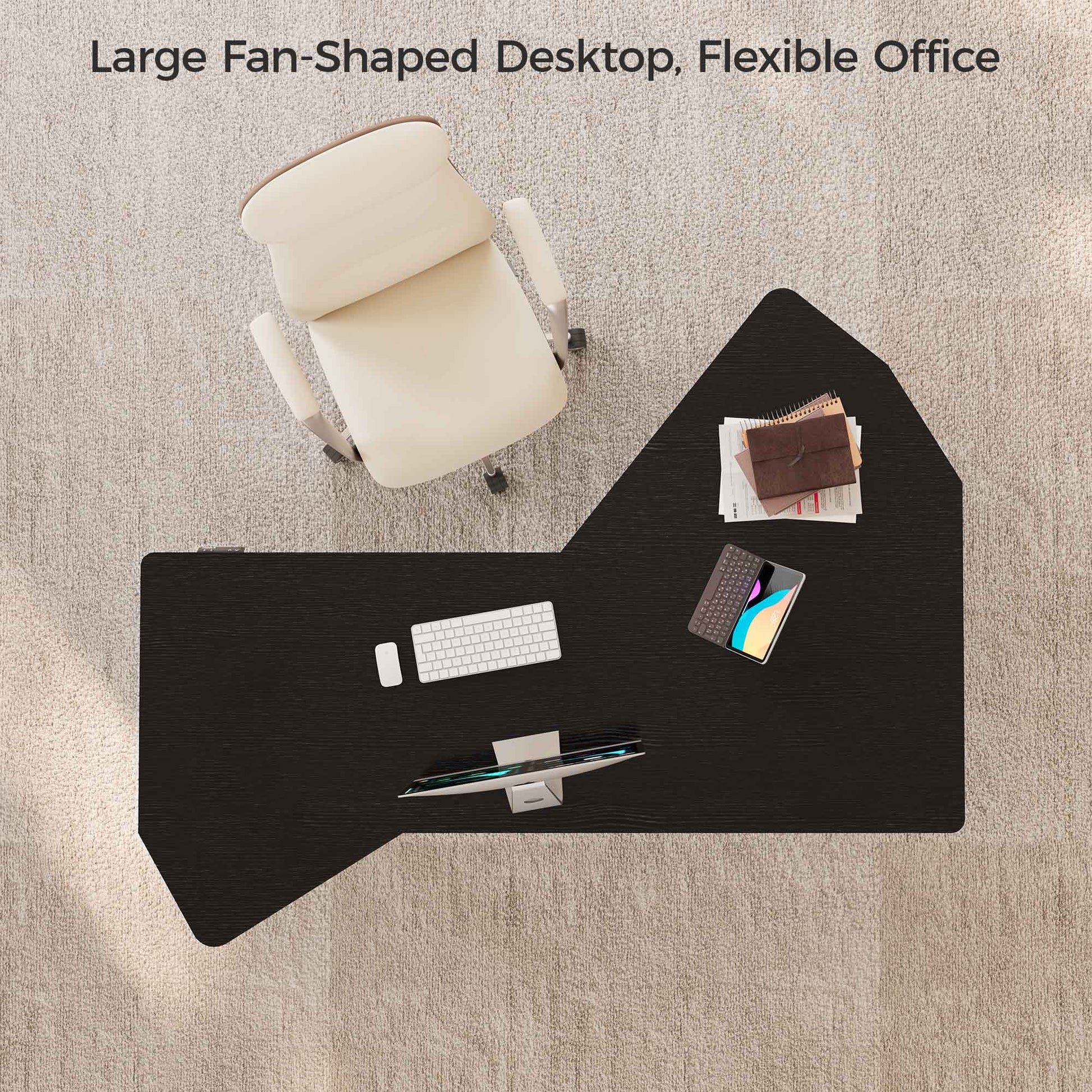Ergonomic Office Standing Desk With Fan-Shaped Design. Black Wood Grain Finish, Perfect for Modern Office Setup.