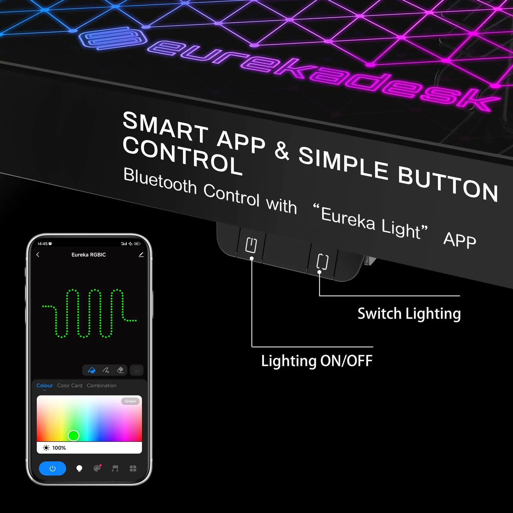 Eureka Ergonomic GTG-I43 Gaming Desk With App Control, Bluetooth Connectivity, and Rgb Lighting Options.