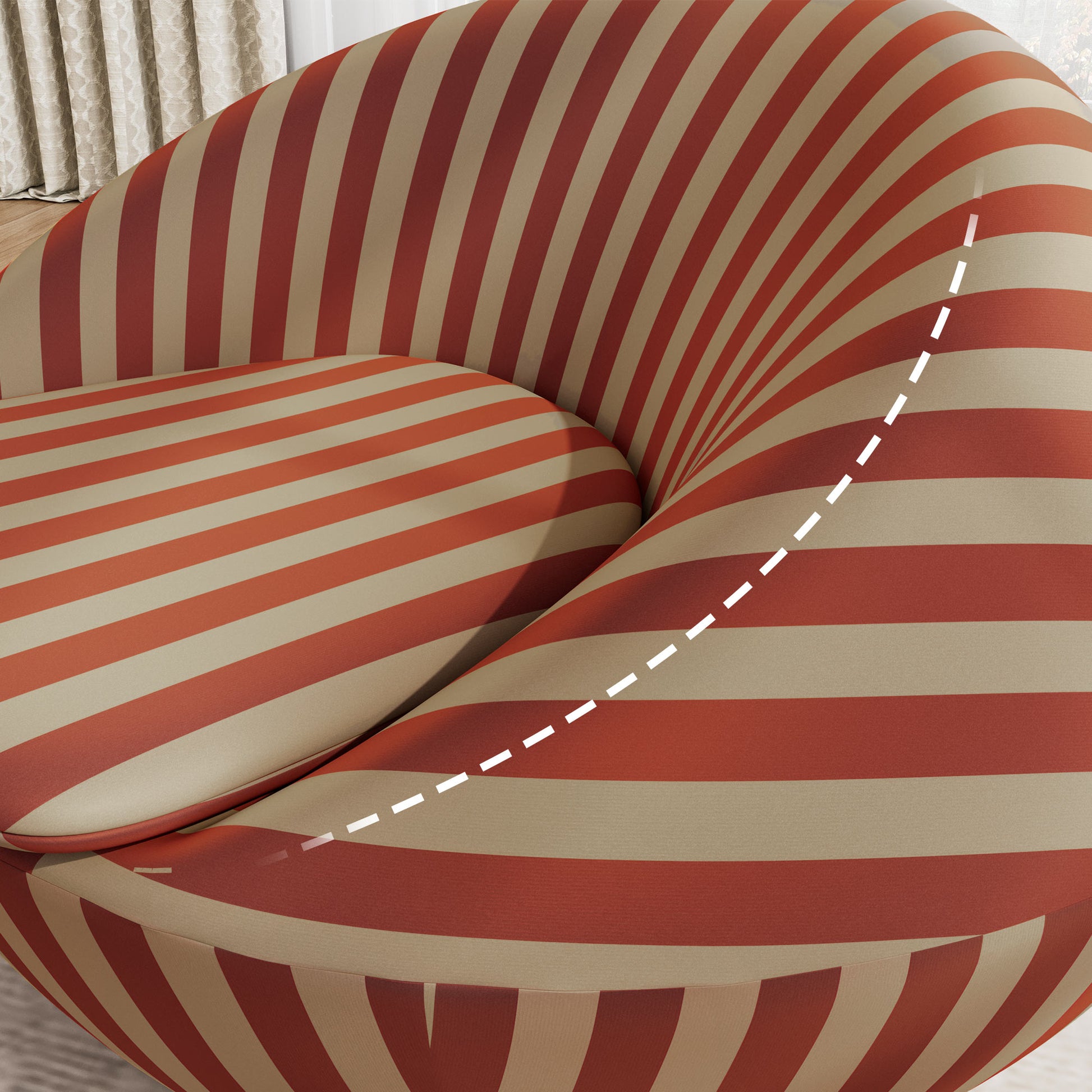 Modern Lounge Chair With Red and Beige Stripes, Designed for Comfort and Sustainable Luxury.