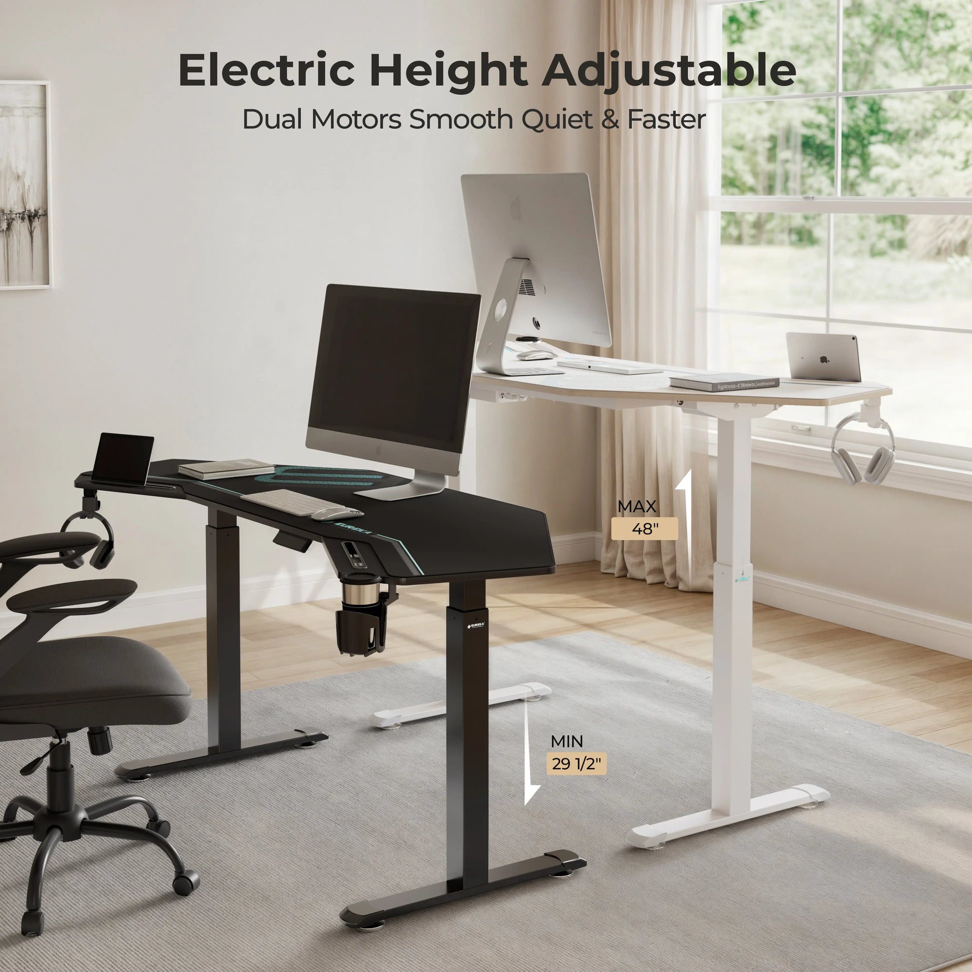 Eureka Aero Pro Standing Desk With Electric Height Adjustment, Dual Monitor Setup, Ergonomic Design, Black and White.