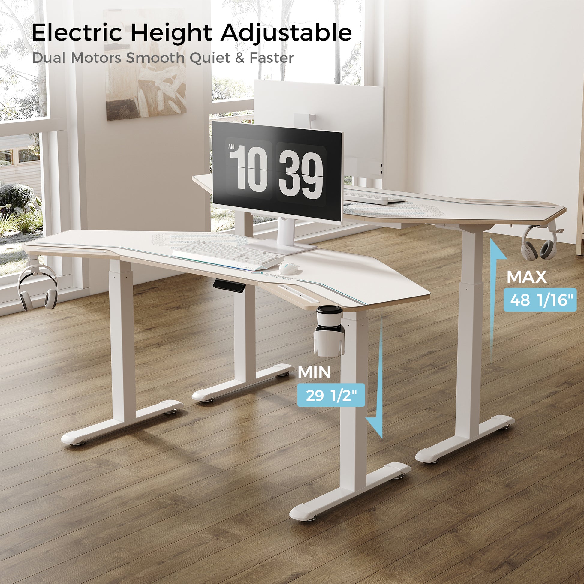 Eureka Aero Pro Standing Desk With Electric Height Adjustment, Dual Monitor Setup, Ergonomic Design, Black and White.