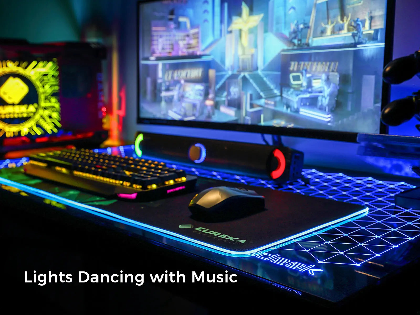 Eureka Ergonomic GTG-I43 Gaming Desk, Rgb Lighting With Music-Reactive Effects On Keyboard and Desk, Tempered Glass Top.