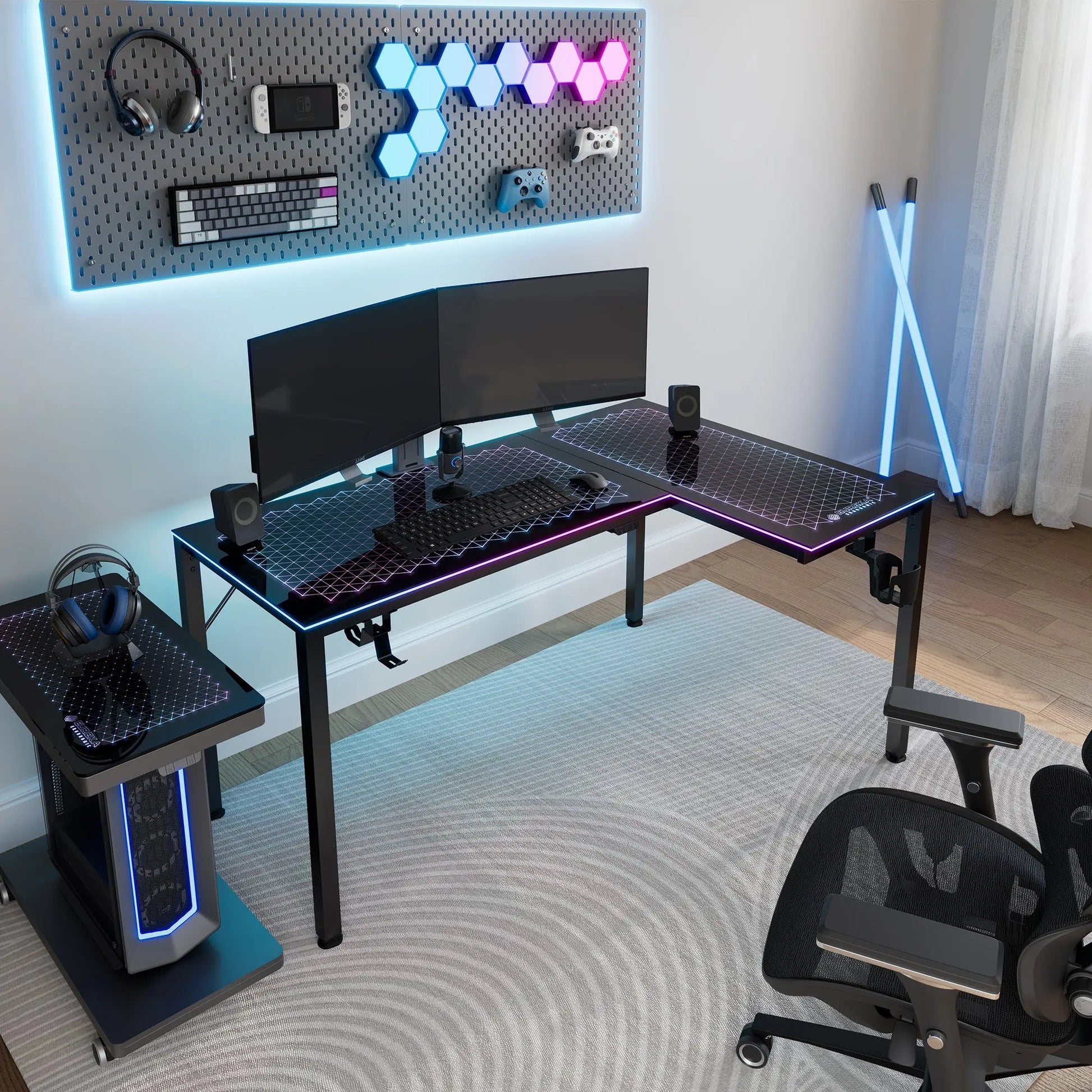 Eureka Ergonomic GTG-L60 L-Shaped Gaming Desk With Rgb Lighting, Black Glass Surface, and Gaming Accessories.