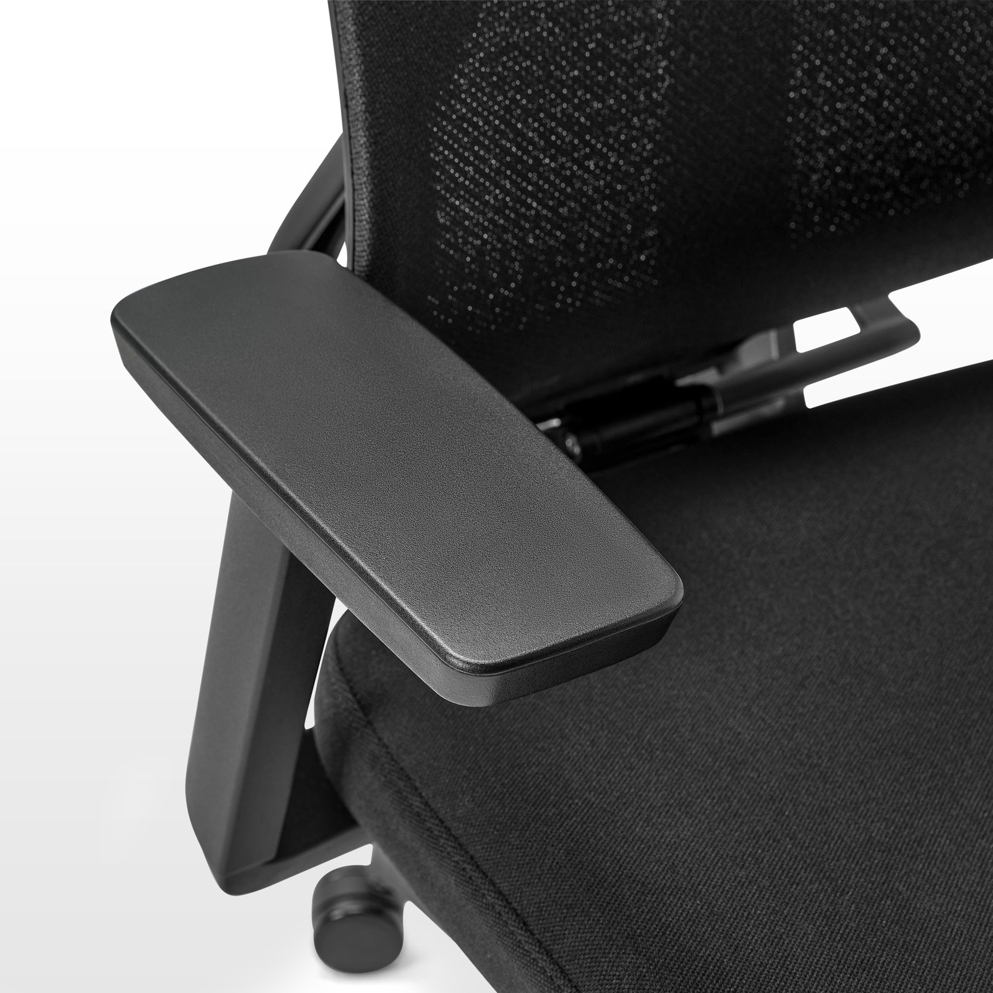 Eureka Ergonomic Lira ergonomic office chair close-up of black armrest, textured mesh back, and fabric seat detail.