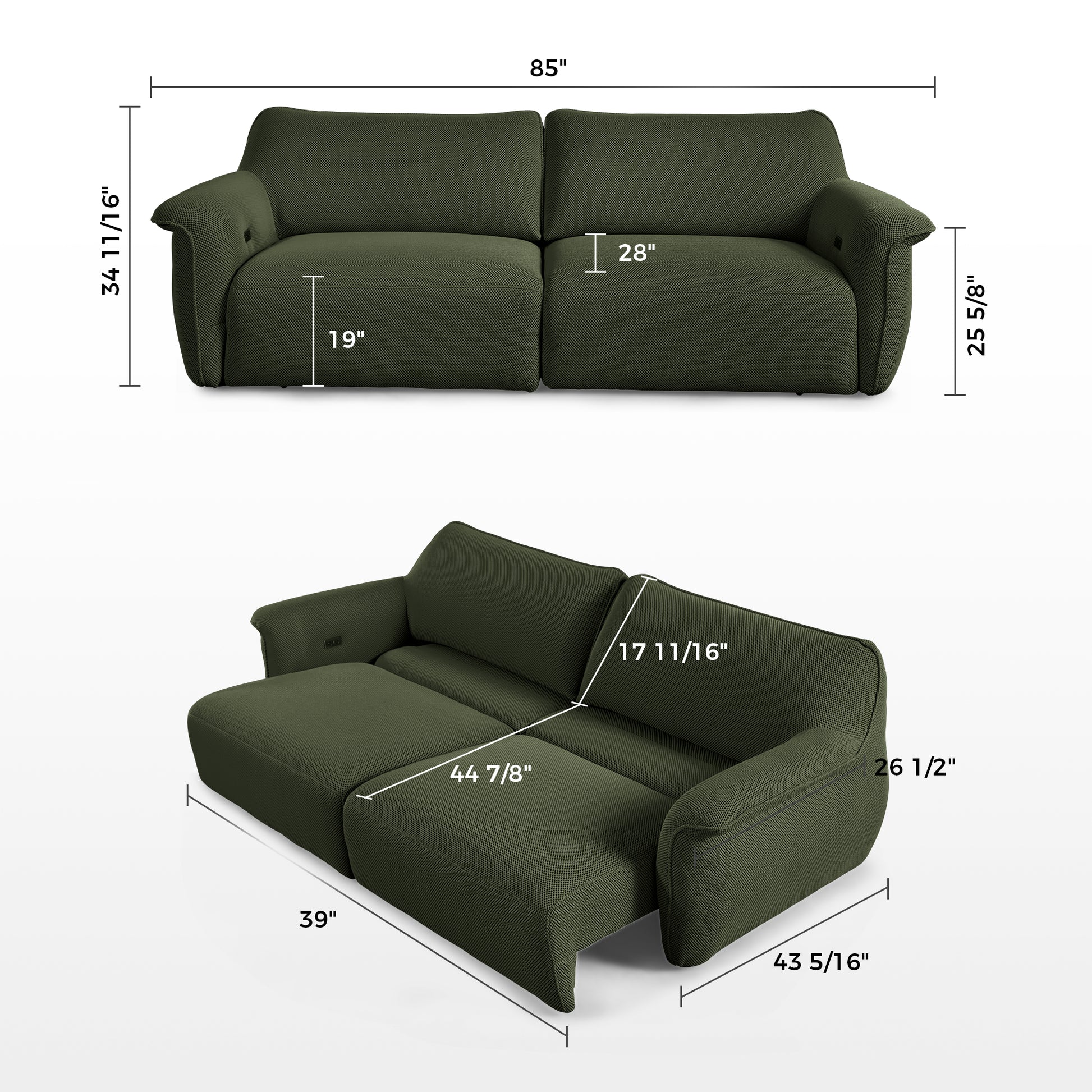 Vero Power Sleeper Sofa in Olive Green, Dimension Details, Breathable Mesh Fabric, Modern Design.