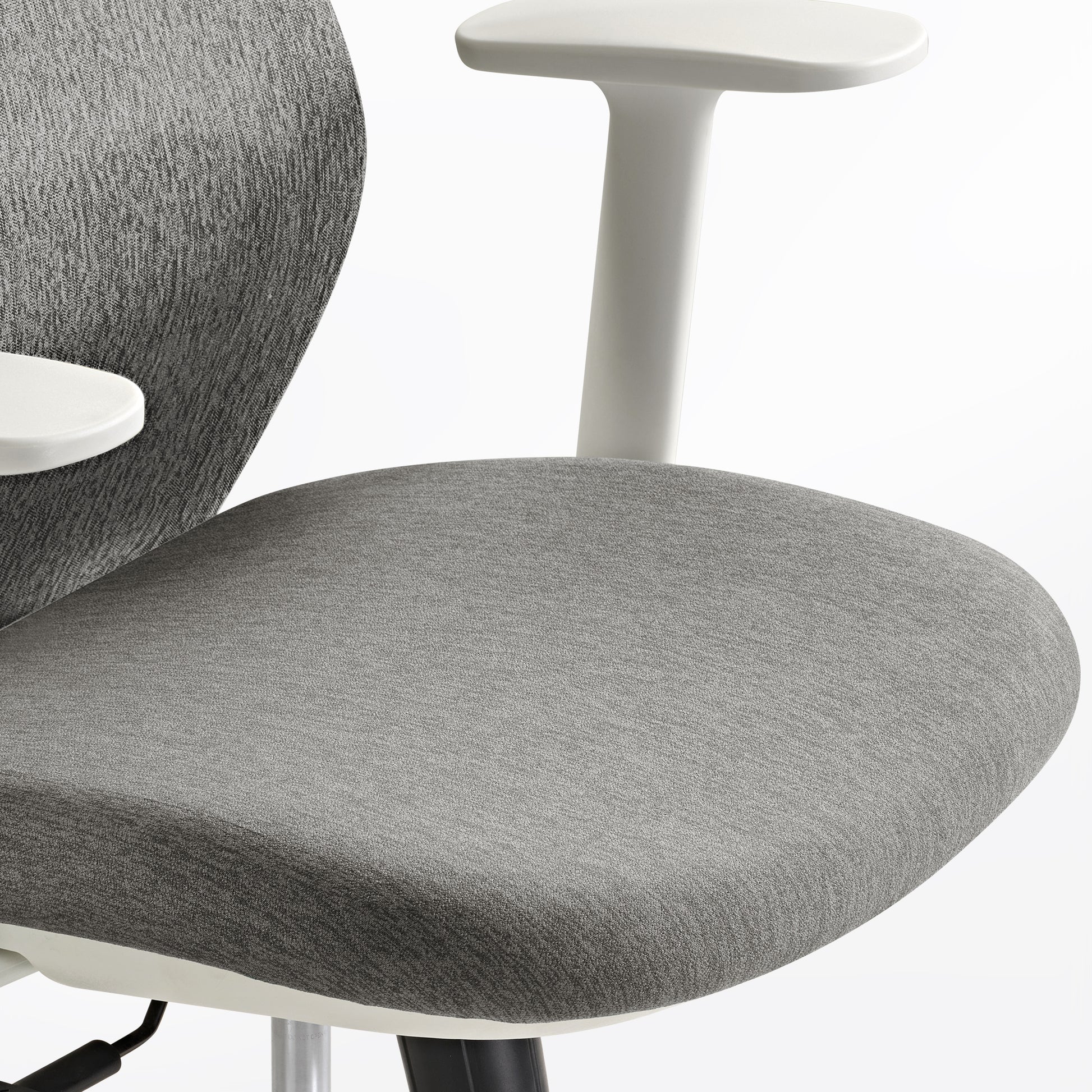 Skylar-Lite Ergonomic Office Chair Detail: Gray Woven Fabric Seat, White Frame, Ergonomic Design.