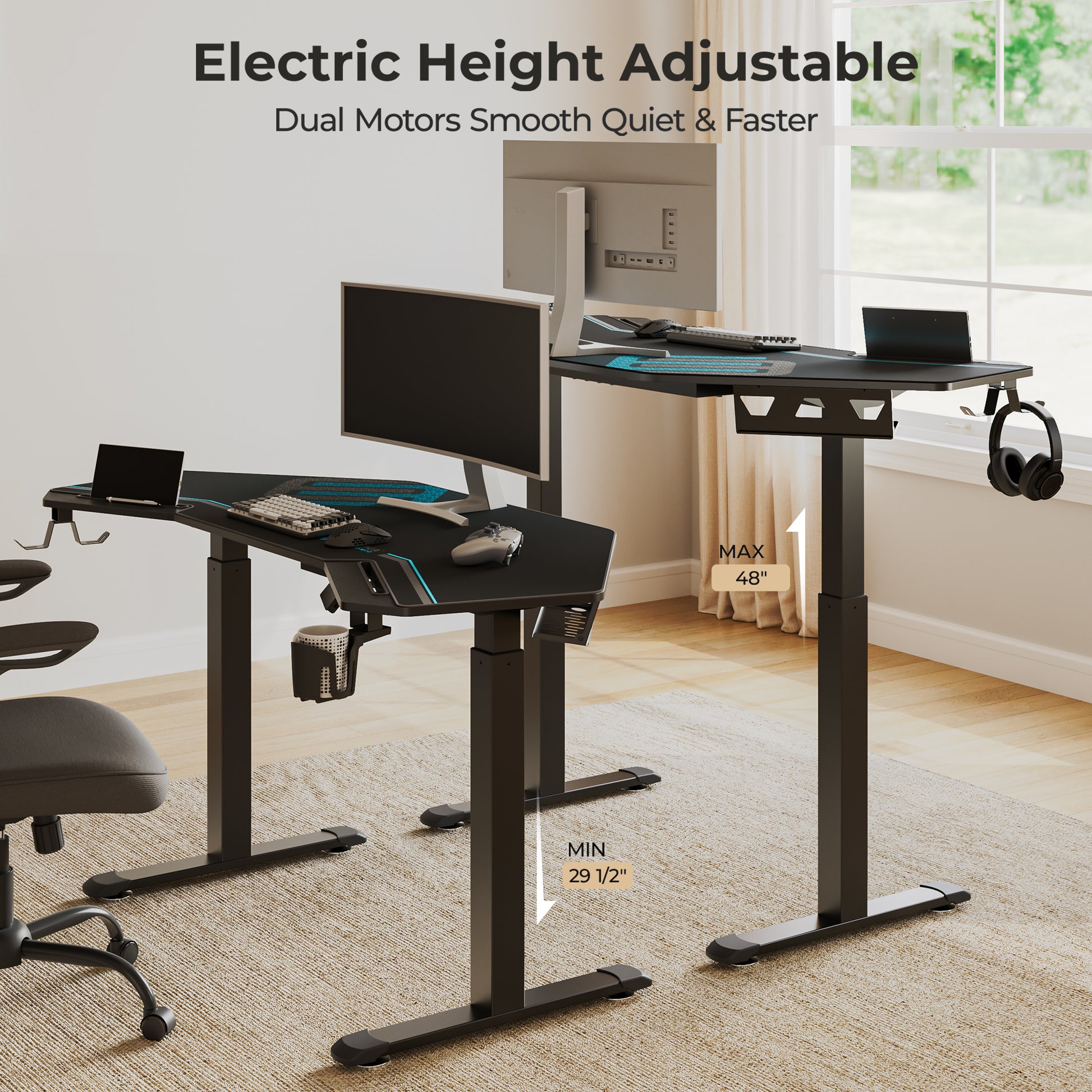 Eureka Ergonomic Aero Pro 63" black wing desk, electric height adjustable 29.5"-48". Minimalist setup: monitor, keyboard, mouse, headphones.