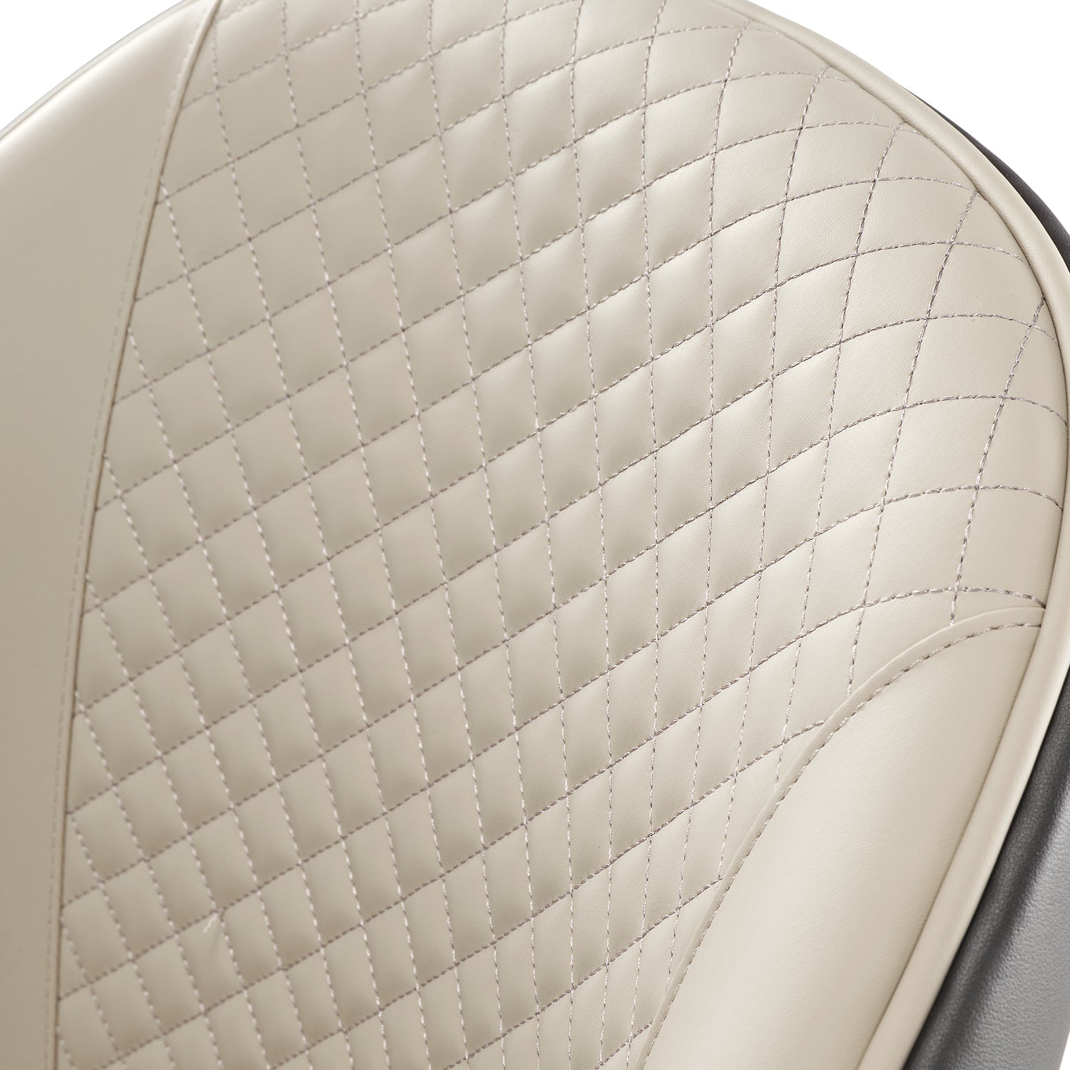 Anareli Dining Chair Detail: Beige Diamond-Stitched Faux Leather Backrest With Silver Stitching and Dark Brown Trim.