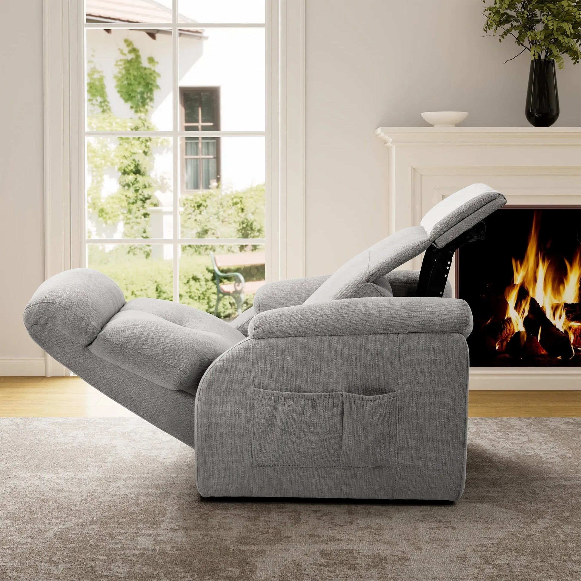 Grey Henry-Armrest Power Recliner Chair in Living Room, Zero Gravity Comfort, Cotton-Linen Fabric, Pocket Detail.