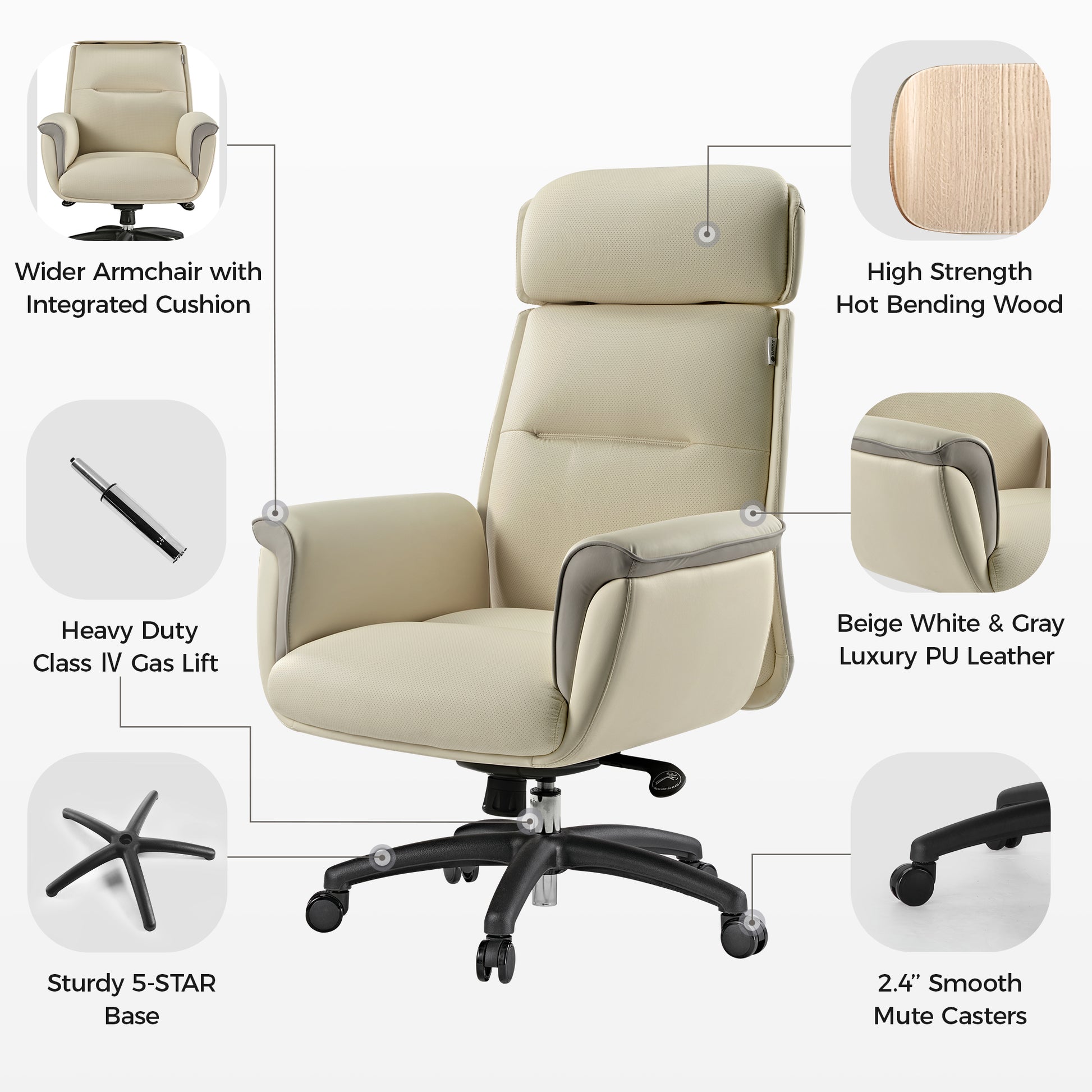 Royal Executive Office Chair - Beige Pu Leather, Ergonomic Design With Integrated Cushion and 5-Star Base.