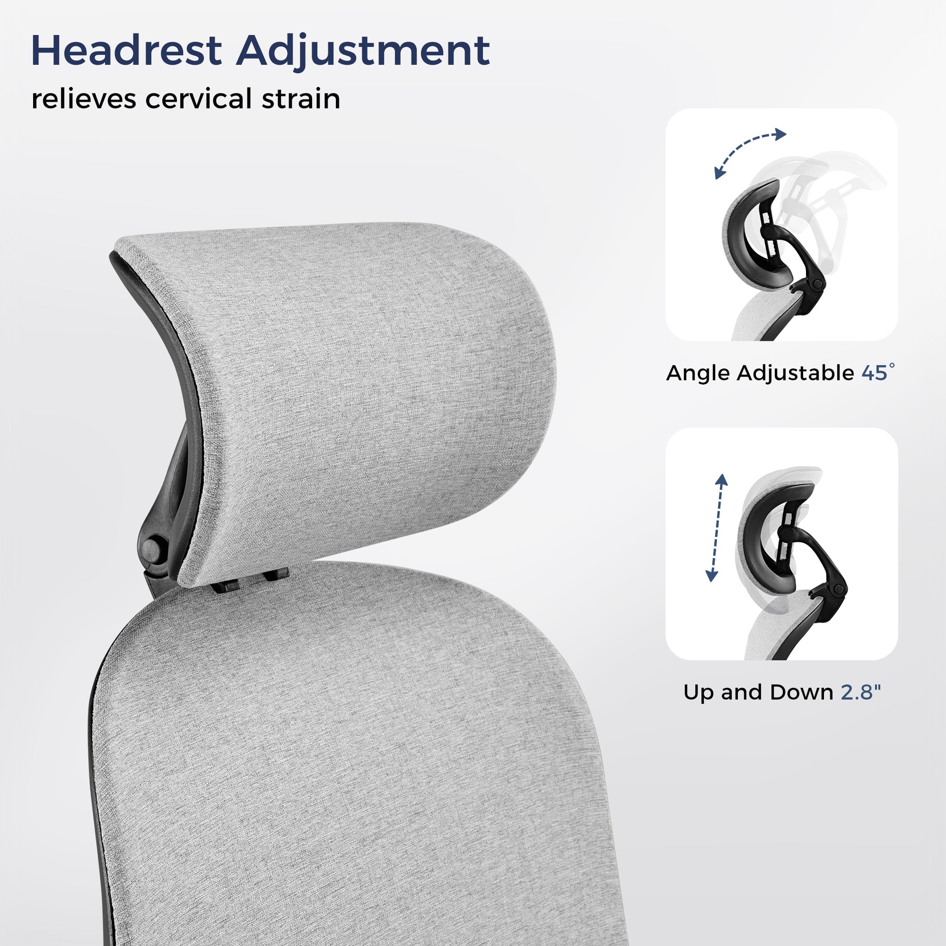 Skylar Modern Mesh Office Chair Headrest Adjustment With Gray Fabric, Adjustable Angle and Height for Ergonomic Support.