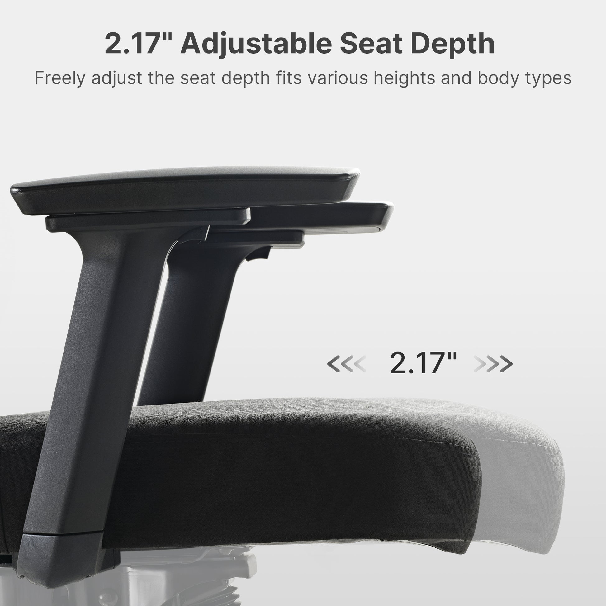 Axion Ergonomic Hybrid Chair With Adjustable Seat Depth, Black Seat and Armrests, Supporting Different Body Types.