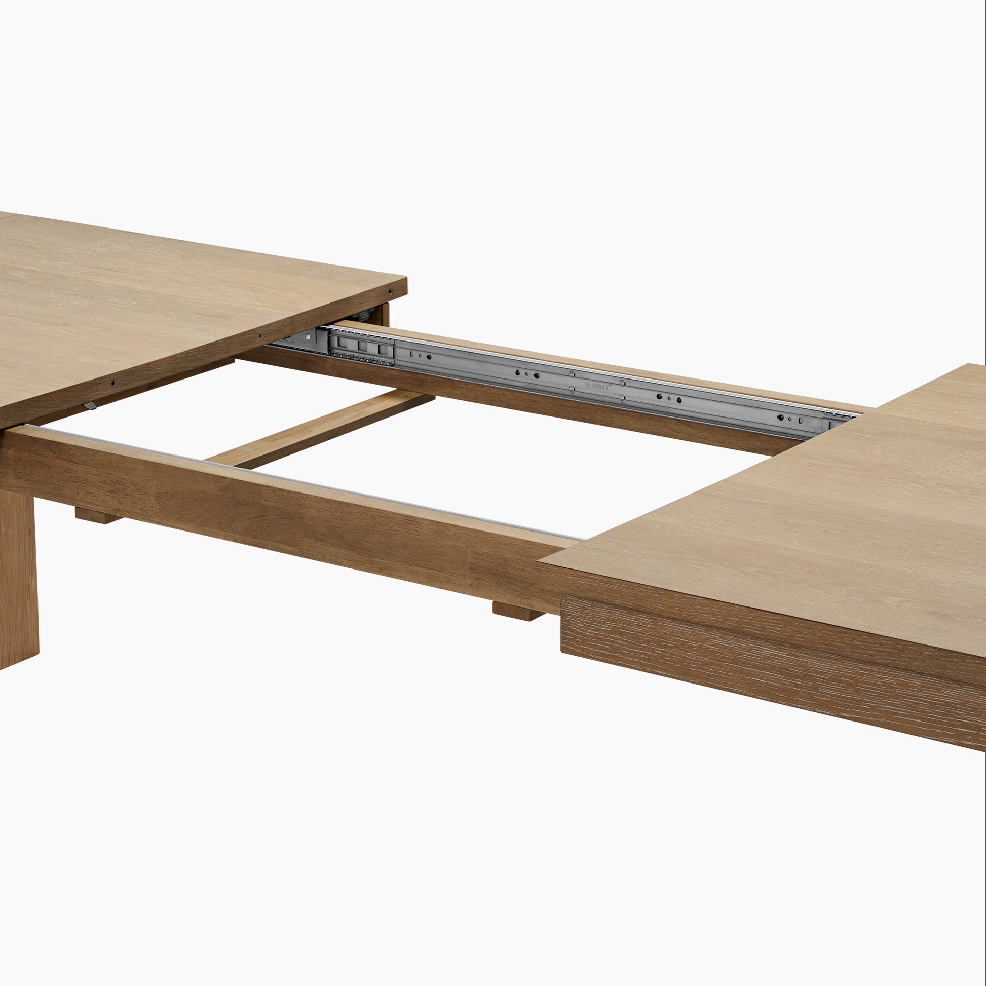 Edora Oak Extendable Dining Table Mechanism Detail, Oak Veneer, Modern Design, Extends for More Space.
