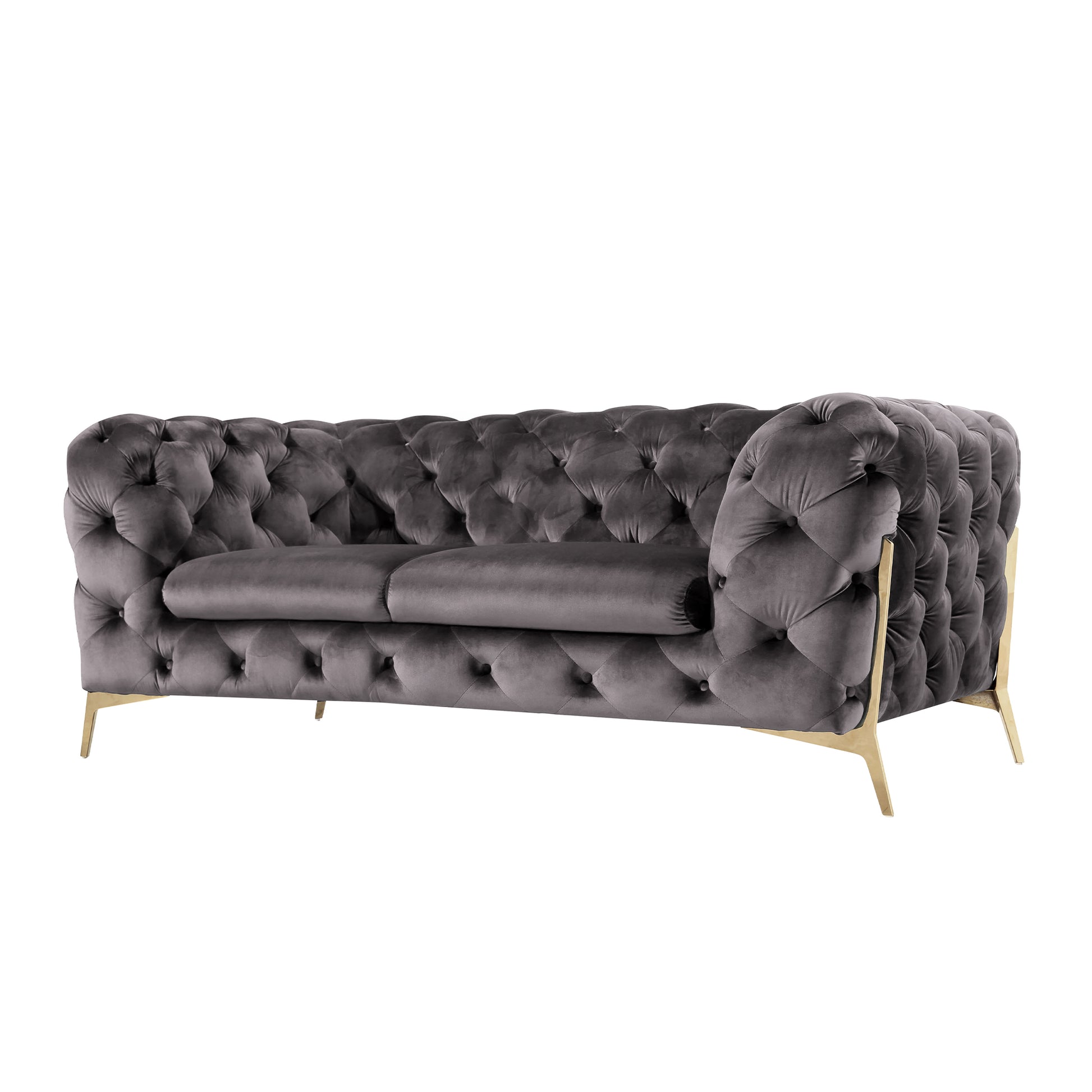 Beverly Loveseat Sofa in Gray Velvet With Rose Gold Legs. Luxury Modern Living Room Furniture.