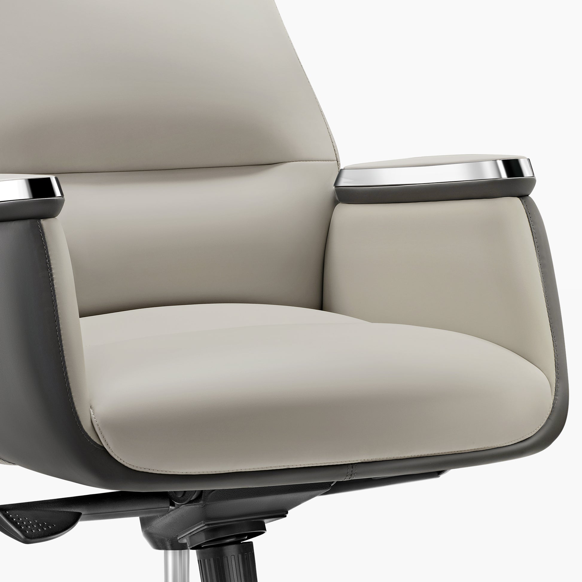 Royal II Executive Ergonomic Office Chair Armrest Detail - Cream Leather, Gray Trim, Ergonomic Design.