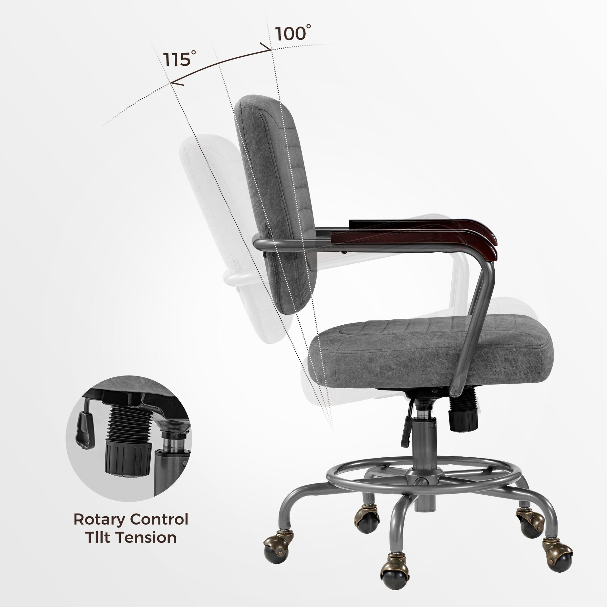 Cole Task Office Chair in Gray Pu Leather With Tilt Control, Solid Wood Arms, and Rolling Casters.