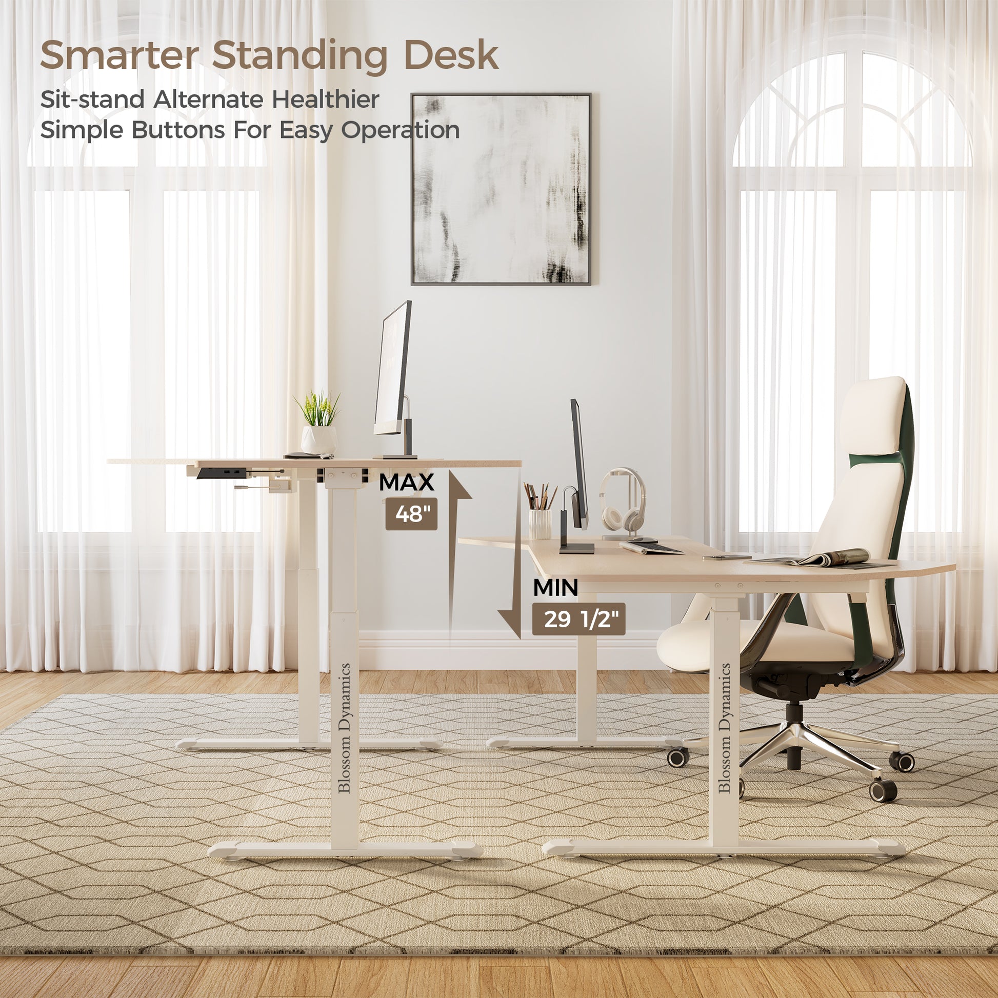 Eureka Ergonomic Blossom Dynamics light wood L-shaped standing desk, white base, adjustable height (29.5-48") in bright home office.