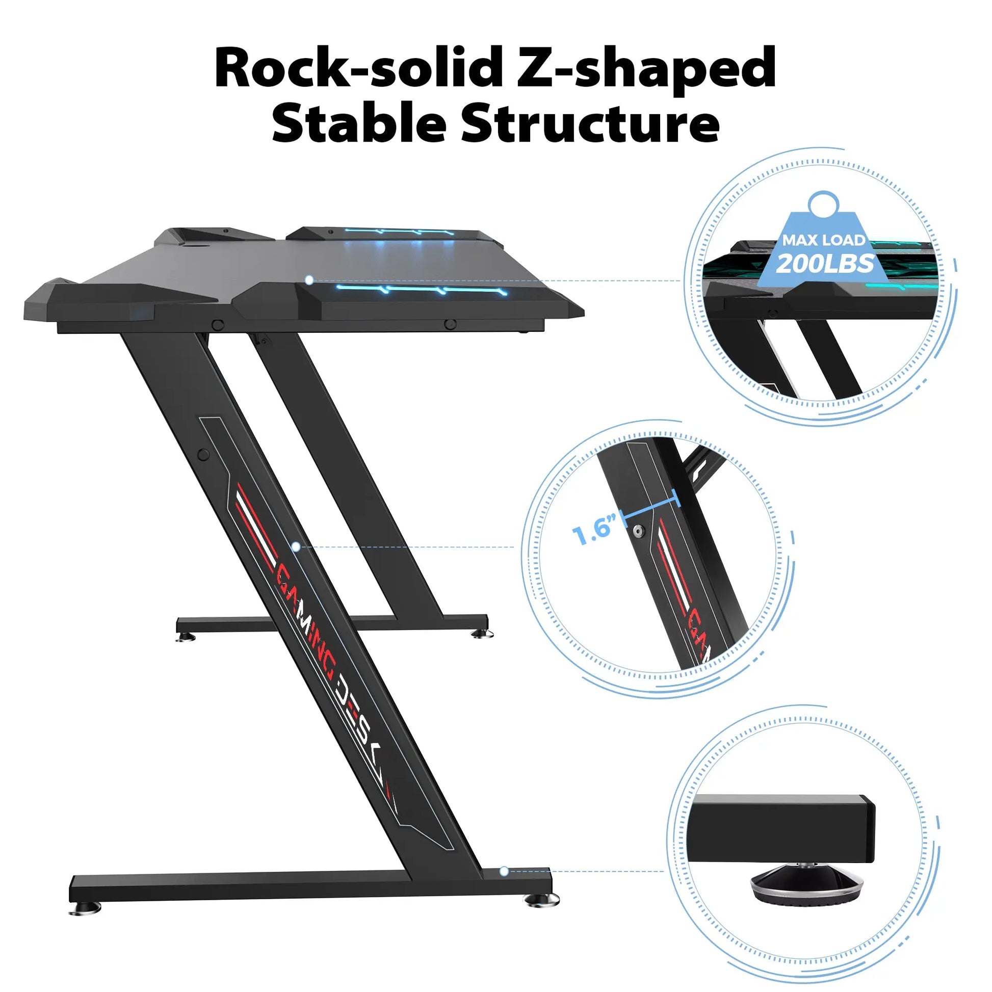 Black Z-Shaped Gaming Desk With Stable Structure, Featuring Adjustable Feet and 200Lbs Max Load Capacity.