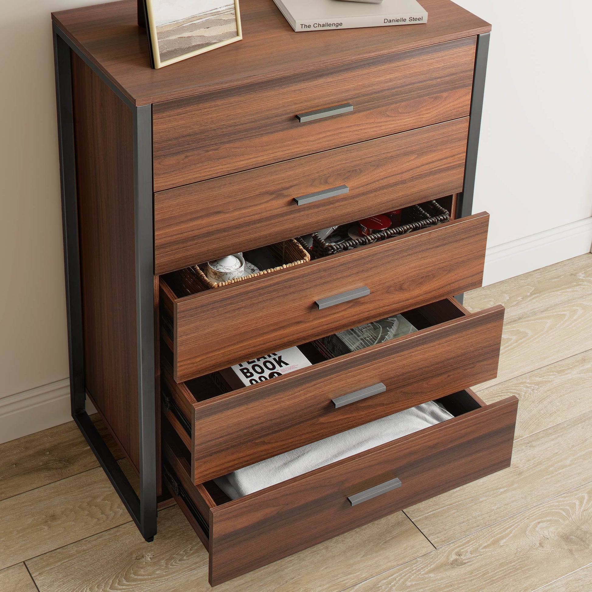 42 Walnut Chest Dresser With Metal Frame. Modern Bedroom Storage Cabinet With Open Drawers.