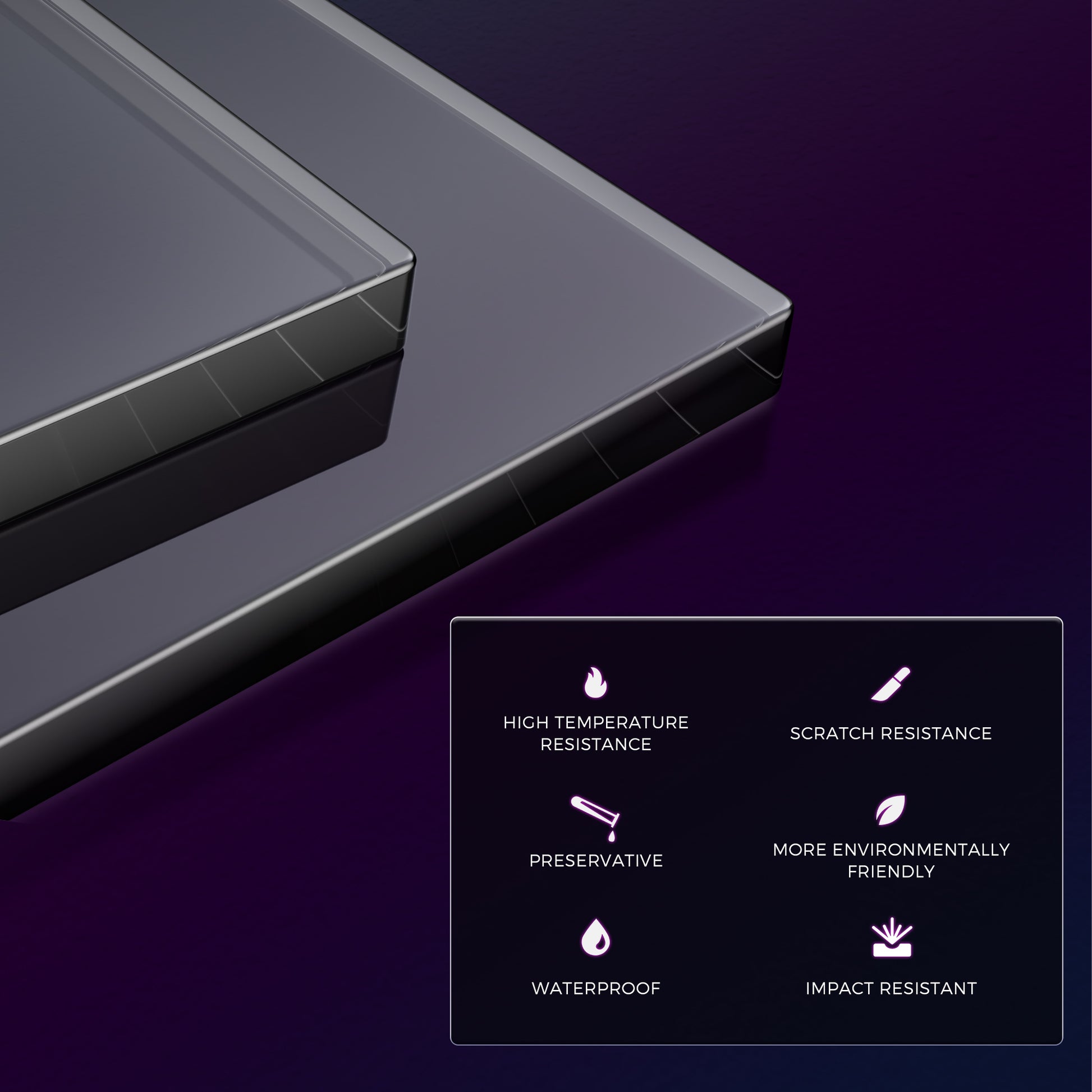 Eureka Ergonomic GTG-L60 Pro gaming desk glass surface: High temp, scratch, water, impact resistant. Eco-friendly material.