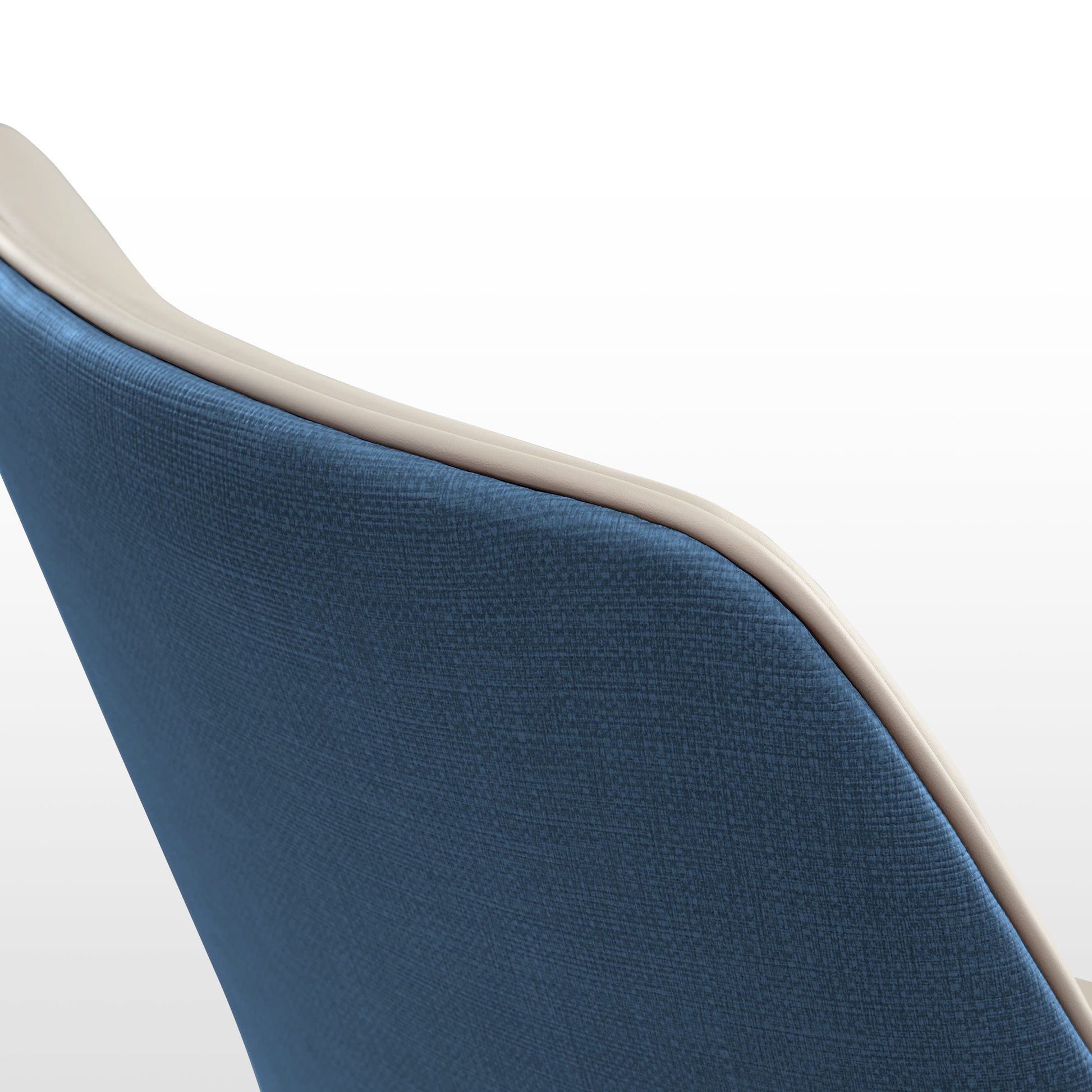 Juliet Dining Armchair Detail: Brown and Blue Upholstered Backrest With Cream Trim. Modern Dining Room Furniture.