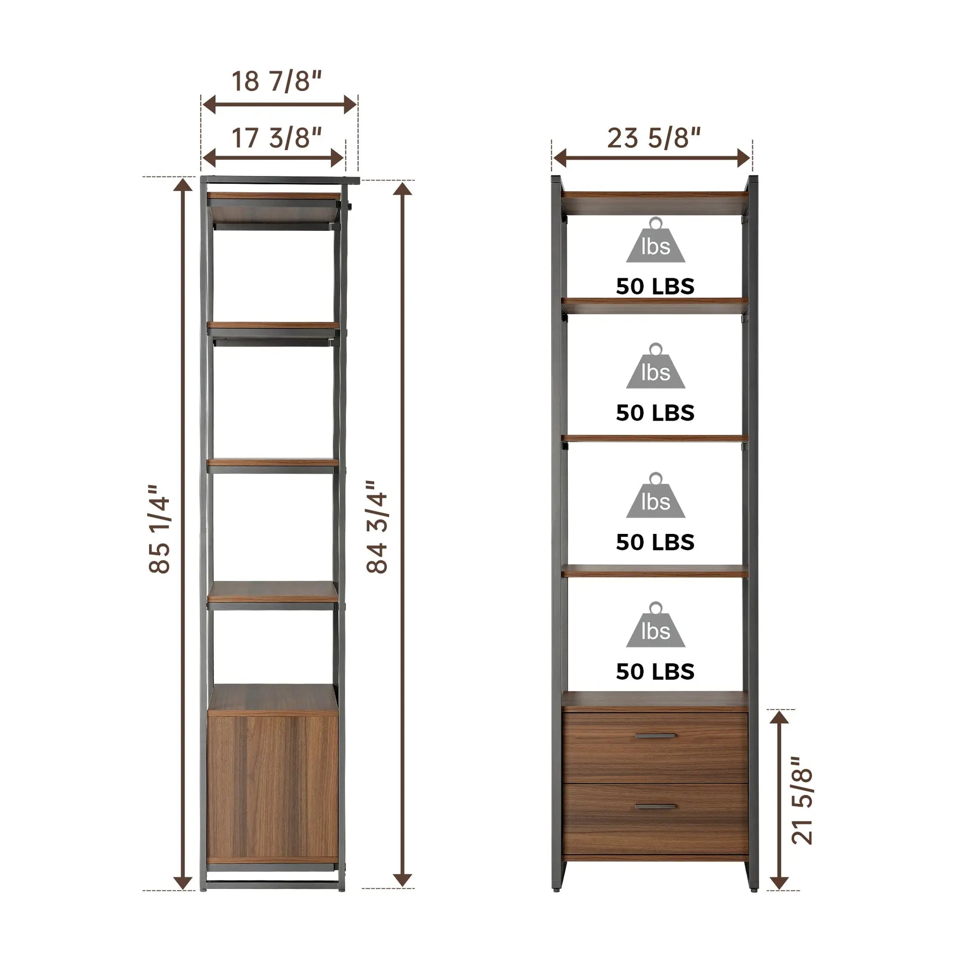 Eureka Ergonomic Sonoma 85.2'' Storage Shelf Dimensions. Brown Wood Shelves With Metal Frame, 50 Lbs Capacity, 2 Drawers.
