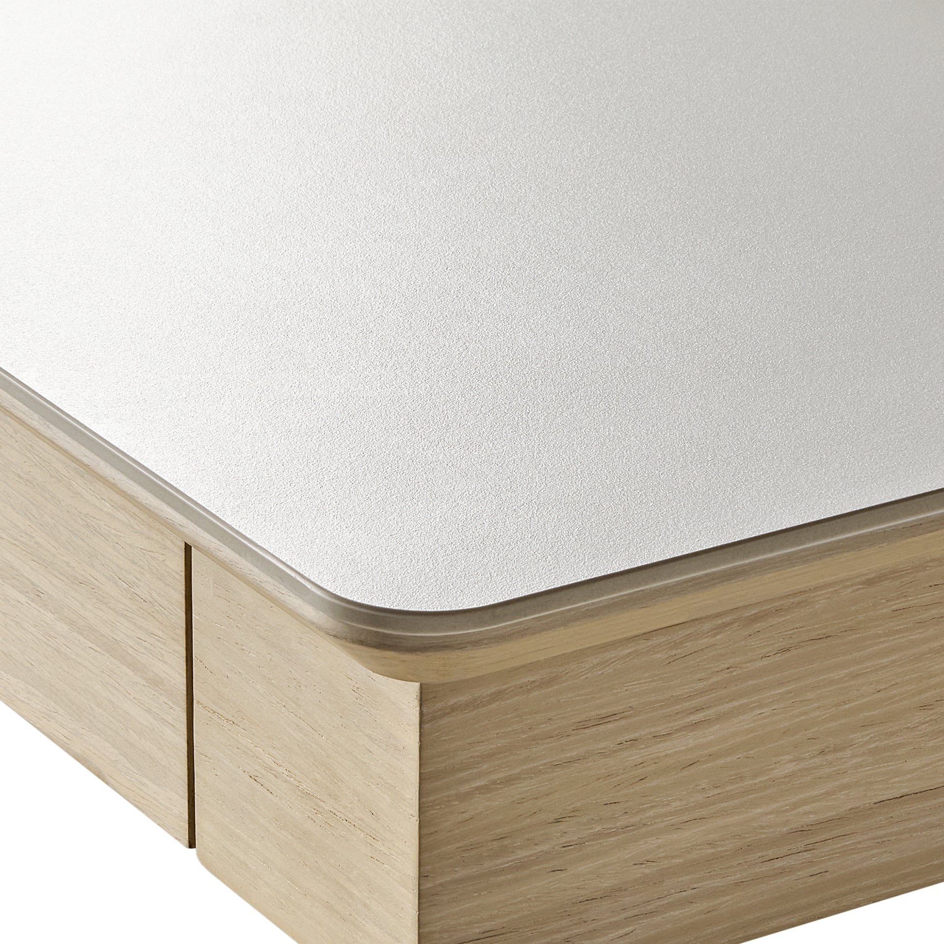 Eureka Ergonomic Ark Pro Desk Detail: White Sintered Stone Top, Wooden Accents, Height-Adjustable Design.