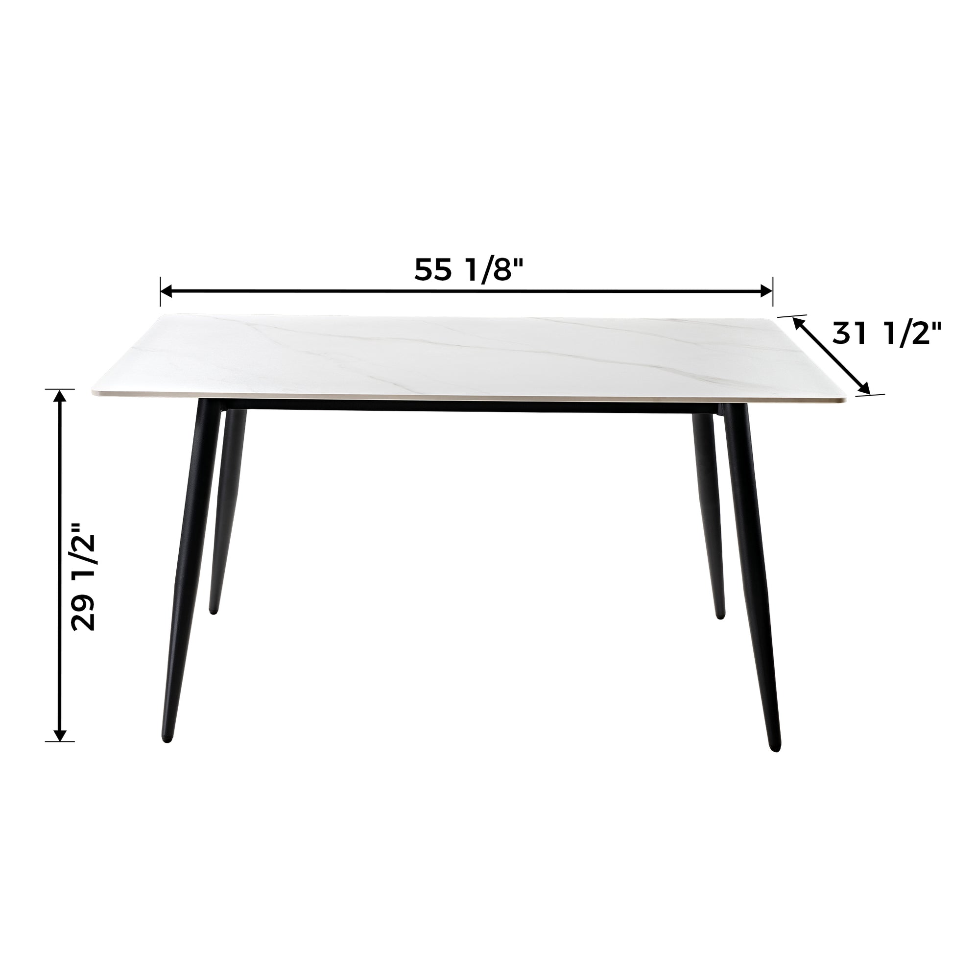 Liam 55.91 Sintered Stone Dining Table, White Top and Black Legs, Dimensions Shown.