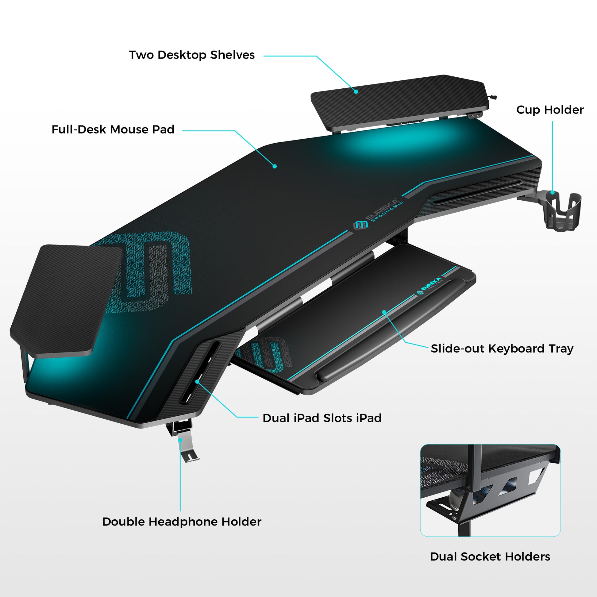 Eureka Ergonomic Aero Wing Desk With Accessories: Headphone Holder, Ipad Slots, Keyboard Tray, Cup Holder, and Mouse Pad.