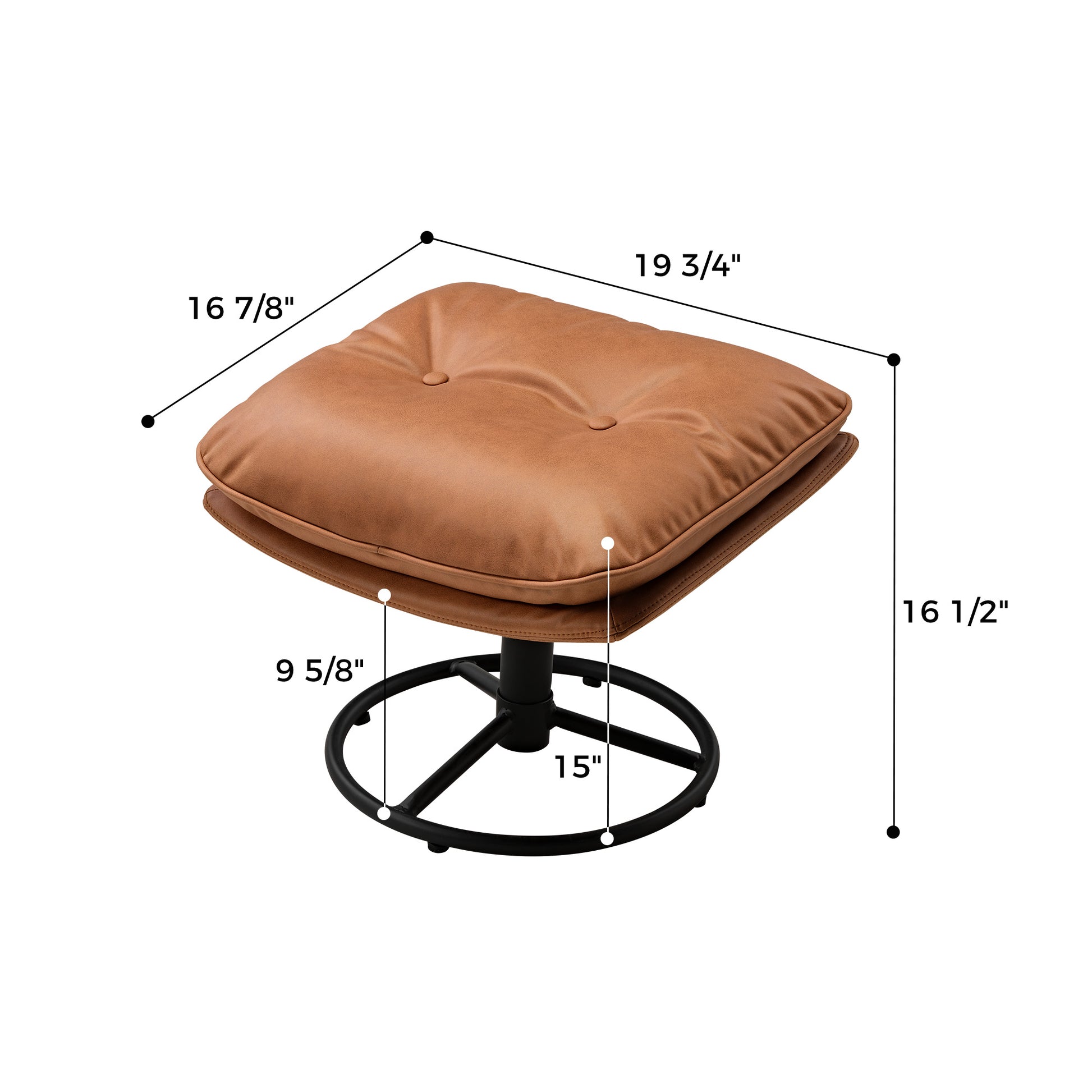 Camden Tufted Ottoman, Brown Upholstery, Black Metal Base, and Dimensions Visible, Perfect Footrest.