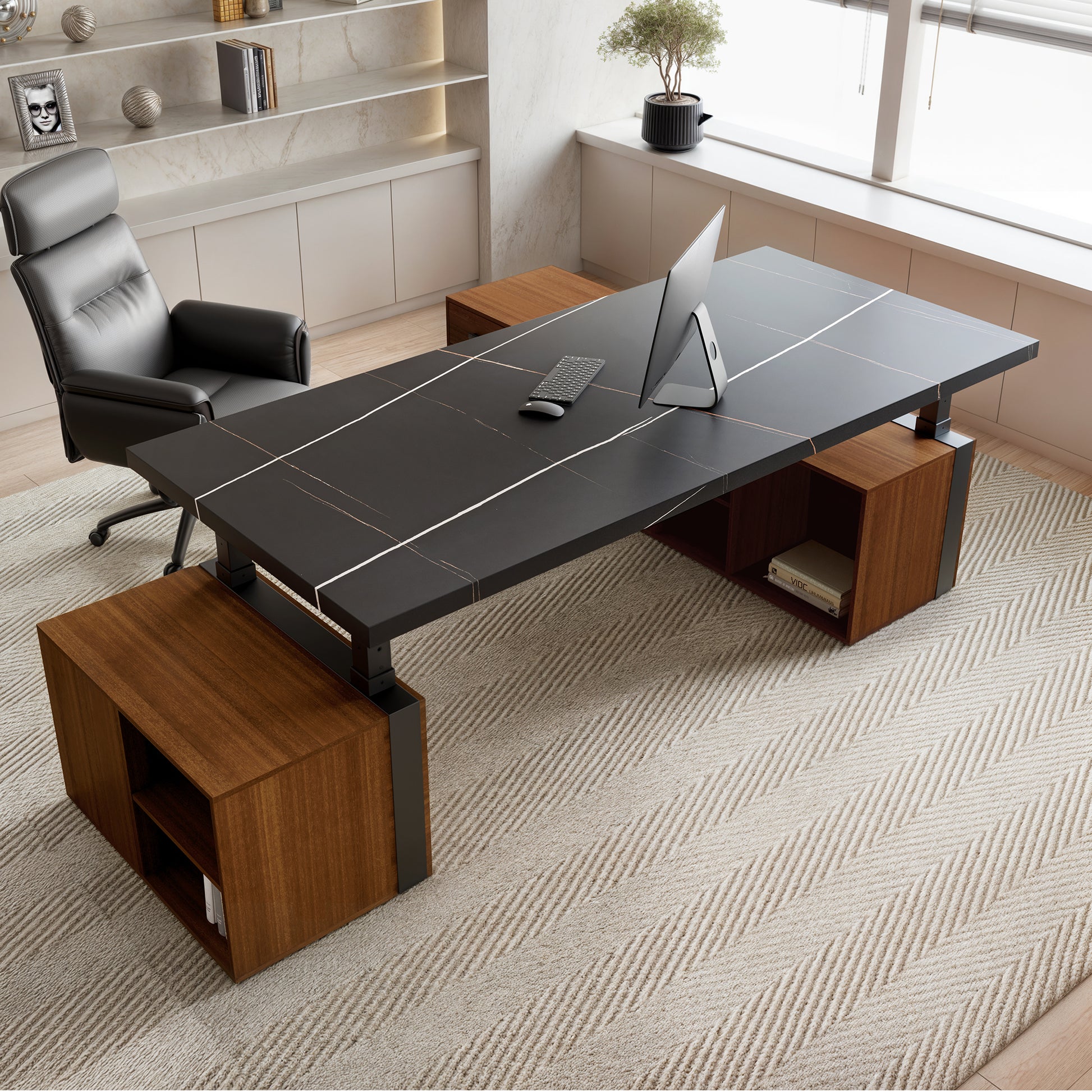 Eureka Ergonomic Zen Pro Executive Standing Desk With Black Sintered Stone Top and Wood Cabinets in a Modern Office.
