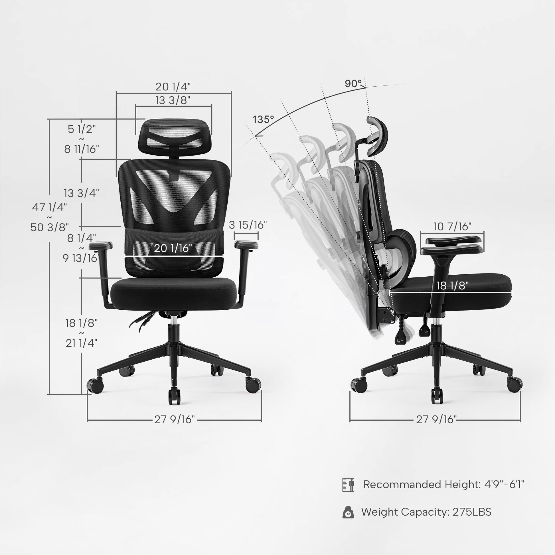 Eureka Ergonomic Exis ergonomic office chair dimensions, showing overall height, seat width, recline angles 90-145 degrees.