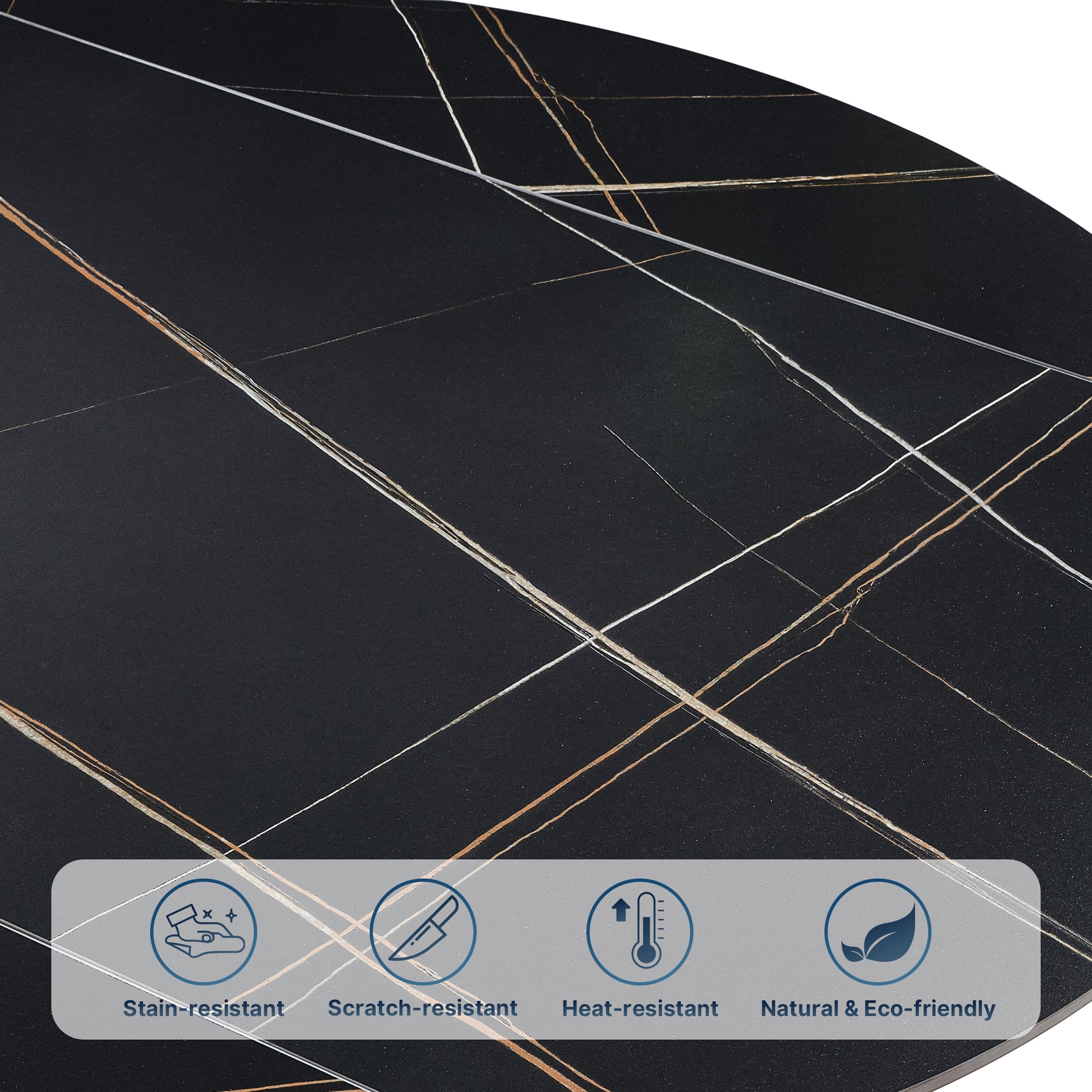 Amelia Round Extending Dining Table, Black Granite Top, Stain-Resistant, Scratch-Resistant, Heat-Resistant, Eco-Friendly.